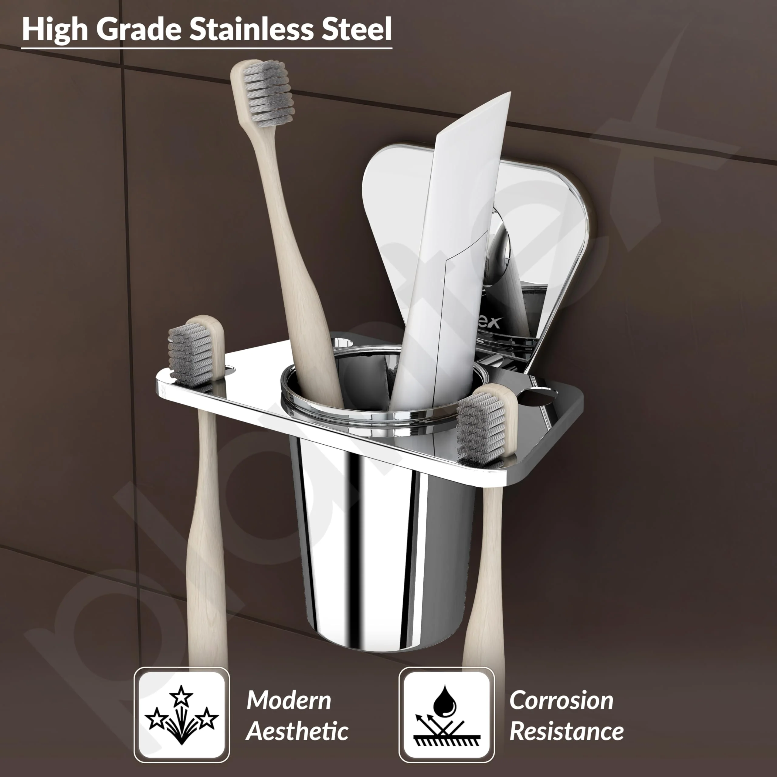 Plantex Pyramid Stainless Steel Tooth Brush Holder/Tumbler Holder/Bathroom Accessories (Chrome) - Pack of 1 - Image 3