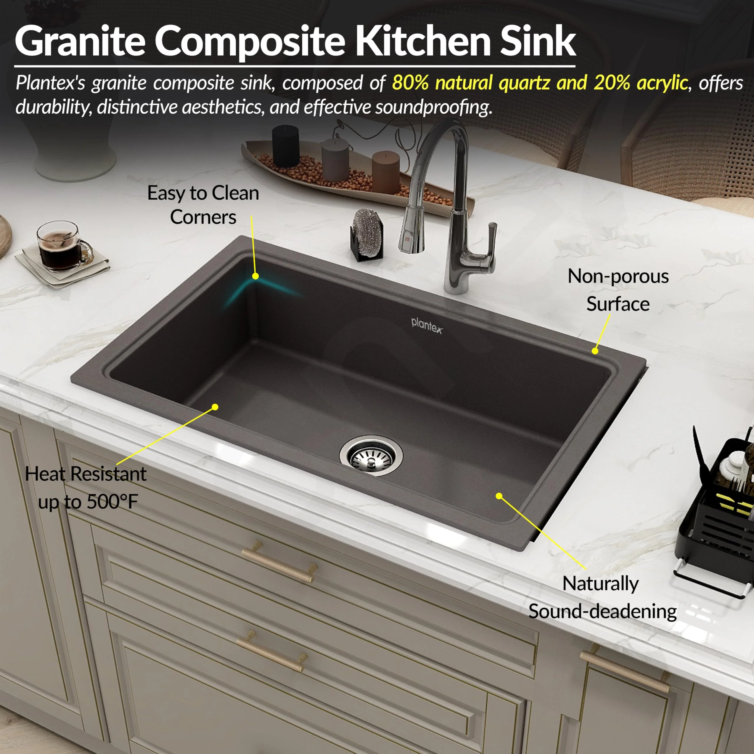 Plantex Quartz Acrylic Kitchen Sink with 10 Years Warranty by Plantex/Undermount Quartz Sink for Kitchen/Granite Single Bowl Kitchen Sinks with Coupling (Con 32x20 Inches) - Image 6