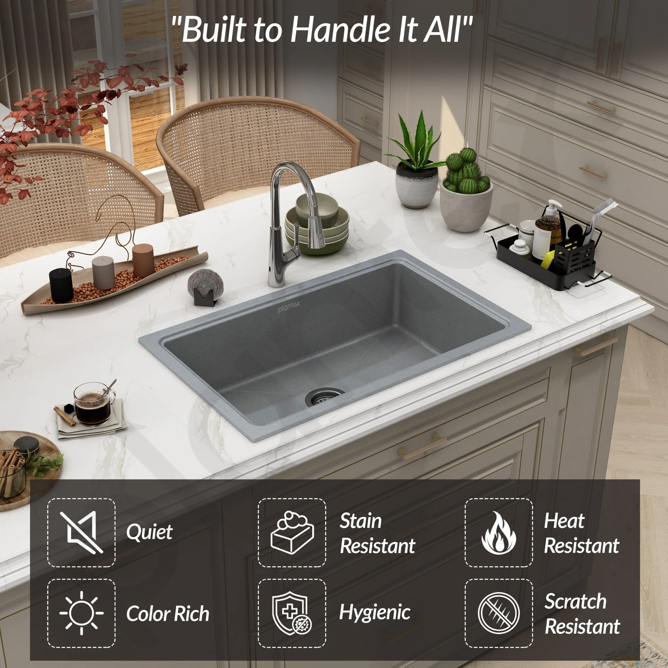 Plantex Quartz Acrylic Kitchen Sink with 10 Years Warranty by Plantex/Undermount Sink for Kitchen/Metalic Single Bowl Kitchen Sinks with Coupling (Lintus 32x20 Inches) - Image 7