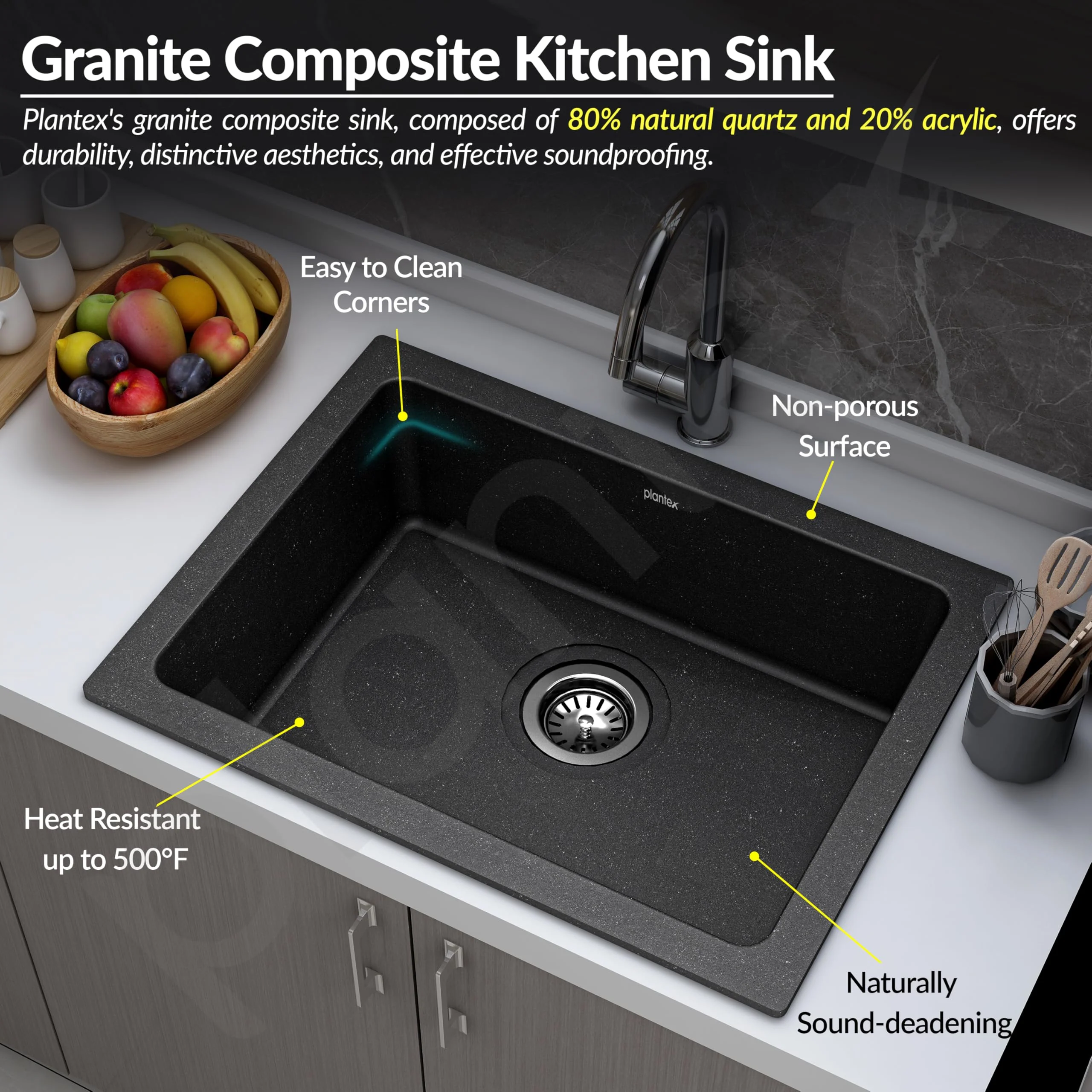 Plantex Quartz Acrylic Single Bowl Kitchen Sink with 10 Years Warranty by Plantex/Sink For Kitchen With Coupling/Undermount/Top Mounted (Siapan 21x18 Inches) - Image 5