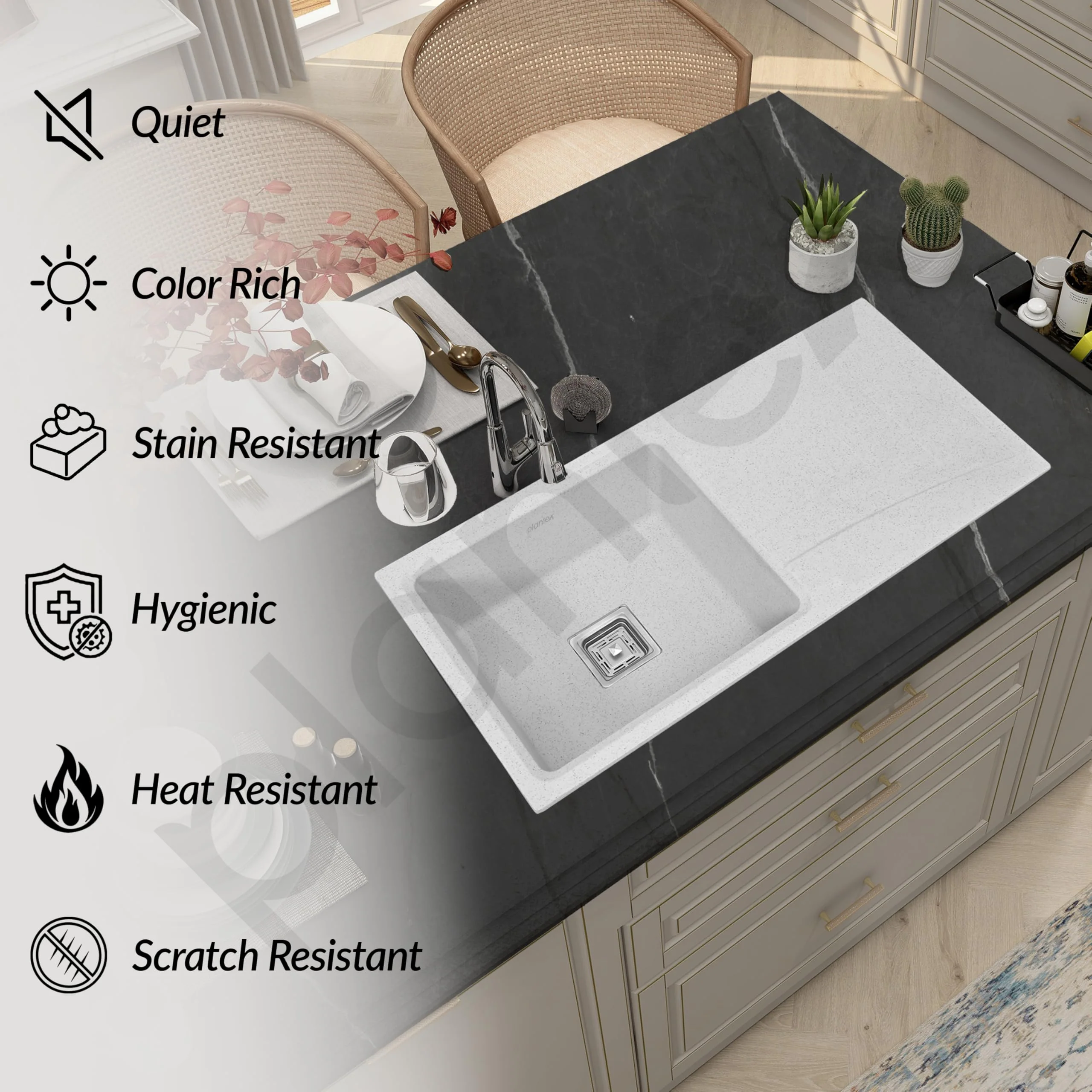 Plantex Quartz Single Bowl Kitchen Sink/Sink for Kitchen with Drain Board/Undermount/Top Mounted (Mosaic Grey-36X18 Inches) - Image 7