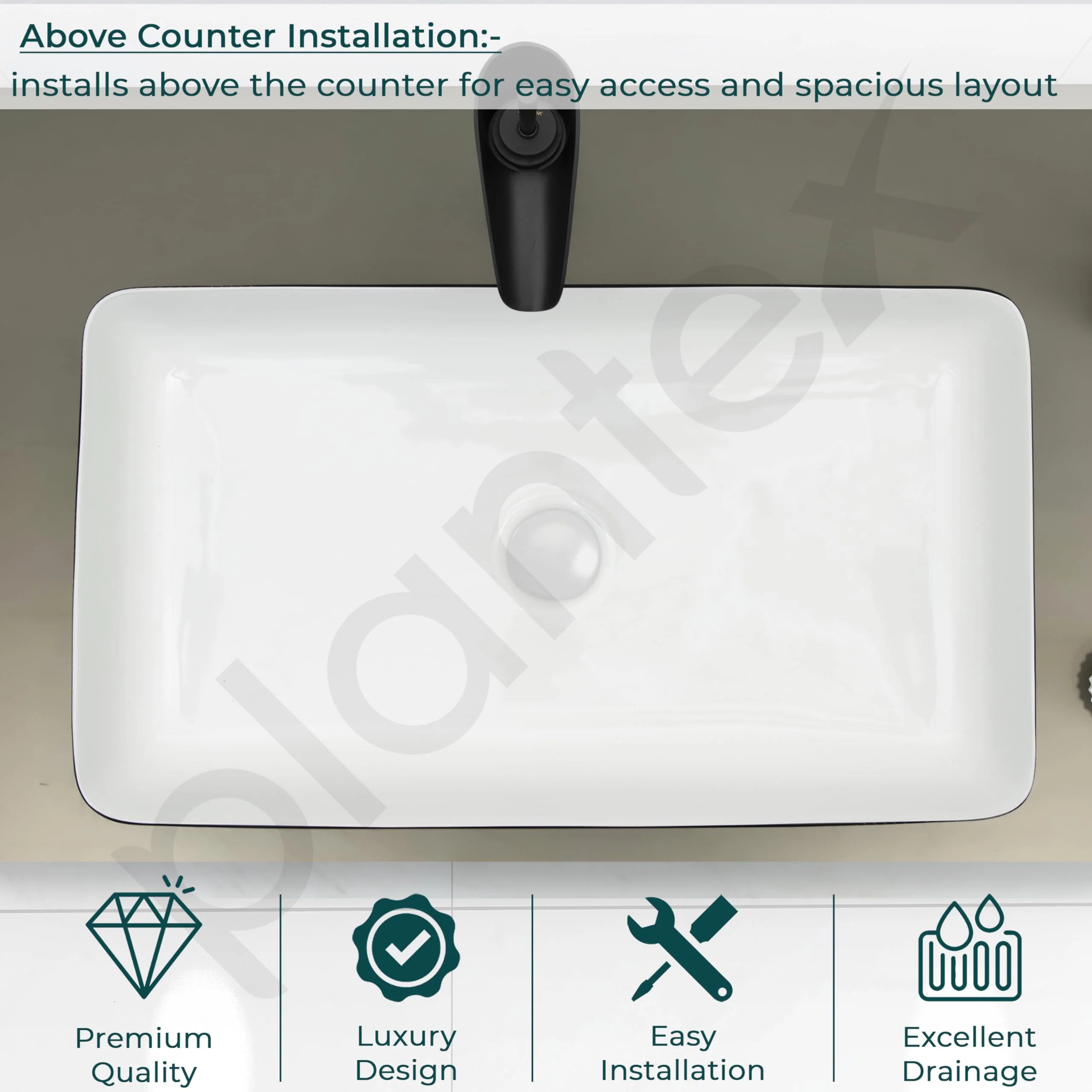 Plantex RectangularTable Top Wash Basin For Bathroom/Designer Ceramic Basin/Countertop Vessel Sink Basin - Indo-European Collection (24 x 14 x 5 Inch) - Image 5
