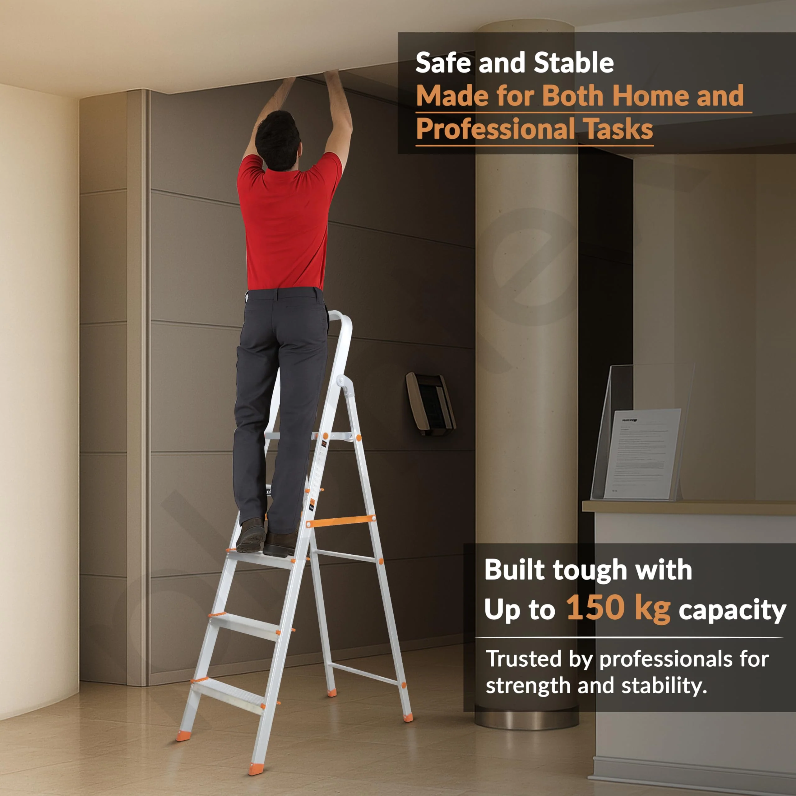 Plantex Restructured Legend Aluminium Folding 5 Step Ladder for Home - 5 Wide Step Ladder (Orange-Silver) - Image 6
