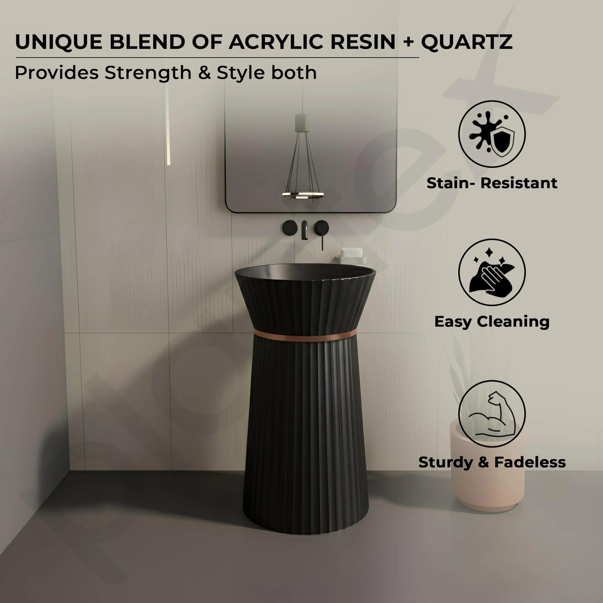 Plantex Round Pedestal Basin for Bathroom/Ceramic Designer One Piece Pedestal Free Standing Wash Basin for living Room/Hotel (Black-17x17x33.5 inch) - Image 2