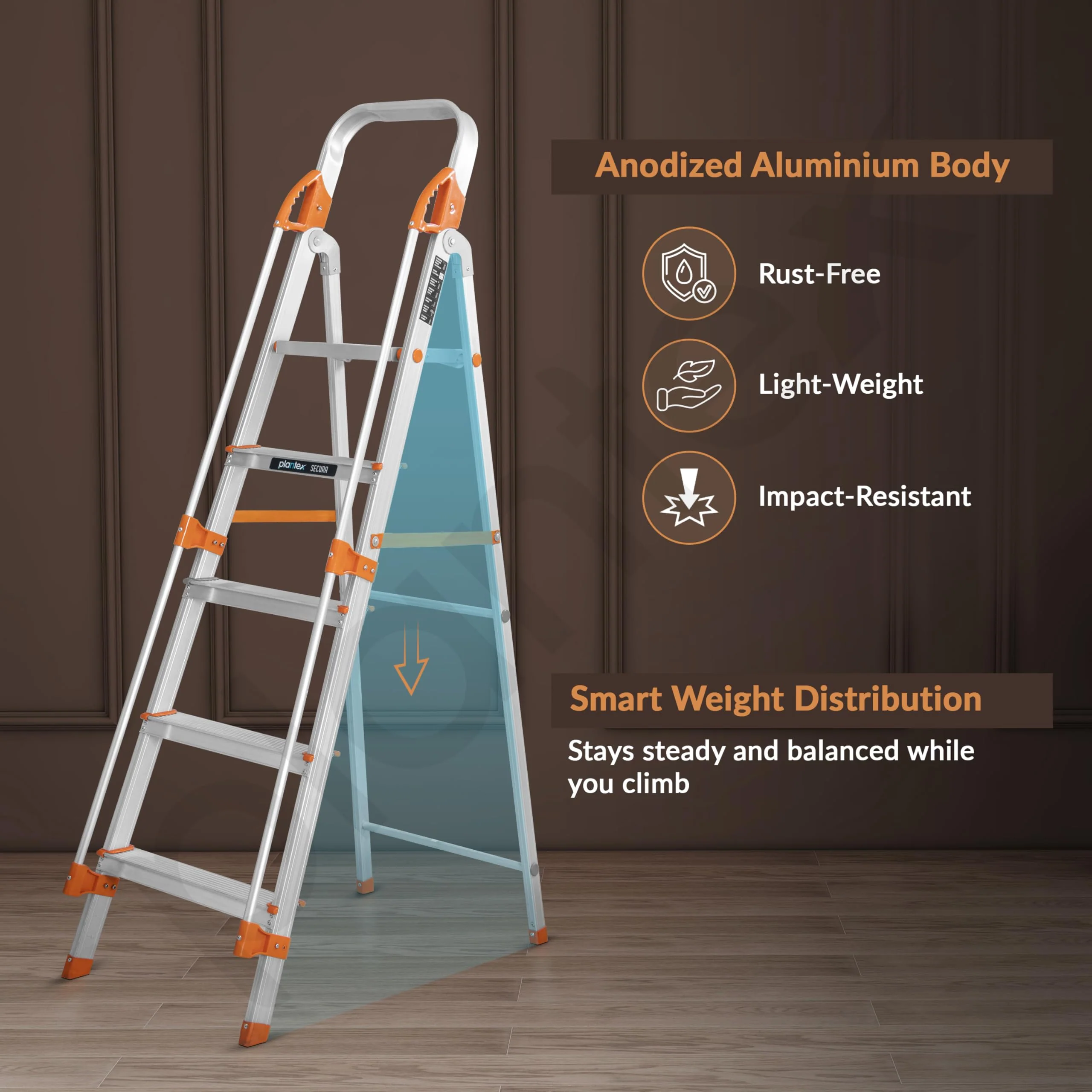 Plantex Secura 5 Step Aluminium Ladder for Home/Foldable Ladder with Support Hand Rail (Orange-Silver) - Image 5