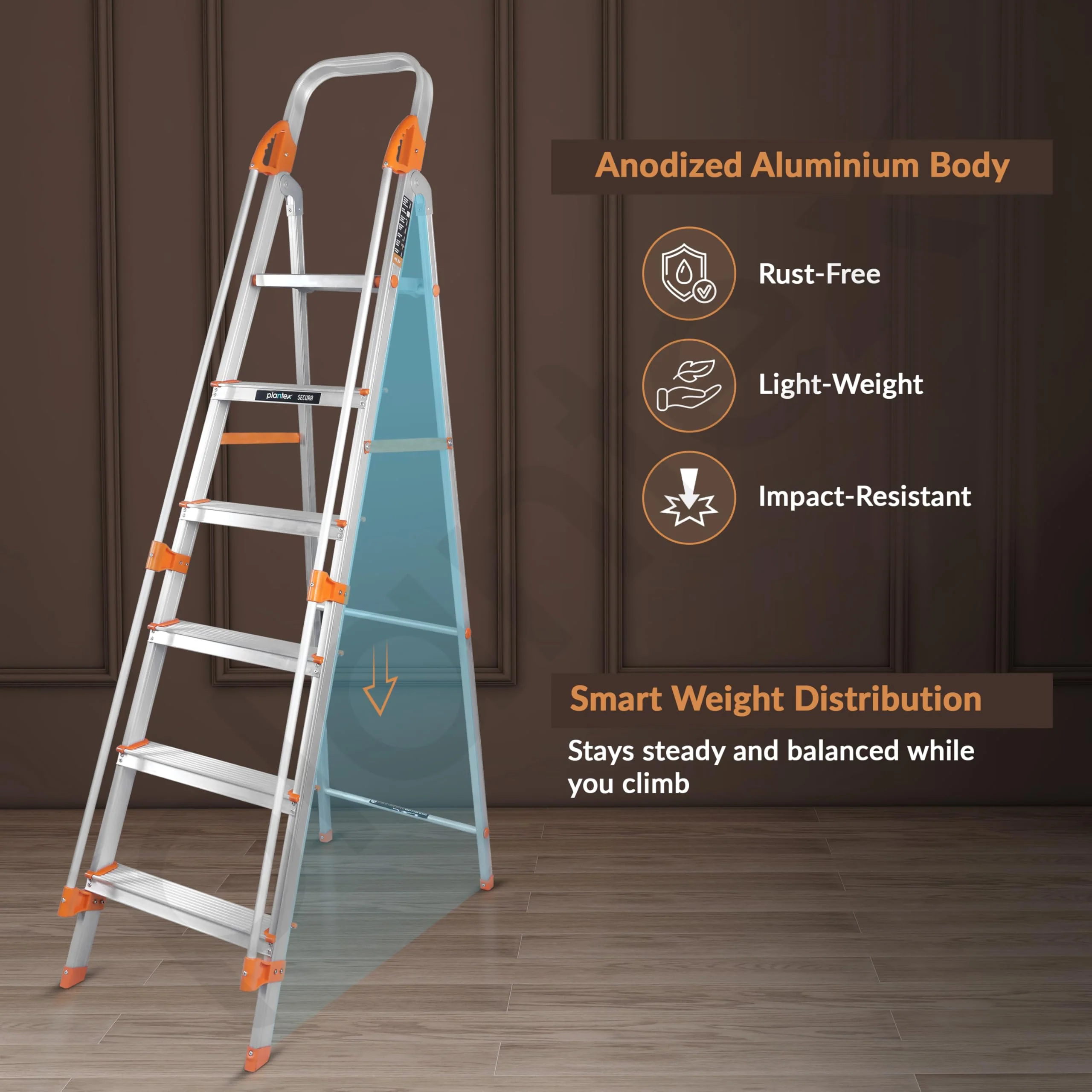 Plantex Secura 6 Step Aluminium Ladder for Home/Foldable Ladder with Safe Hand Rails/5 Year Manufacturer Warranty(Orange-Silver) - Image 5