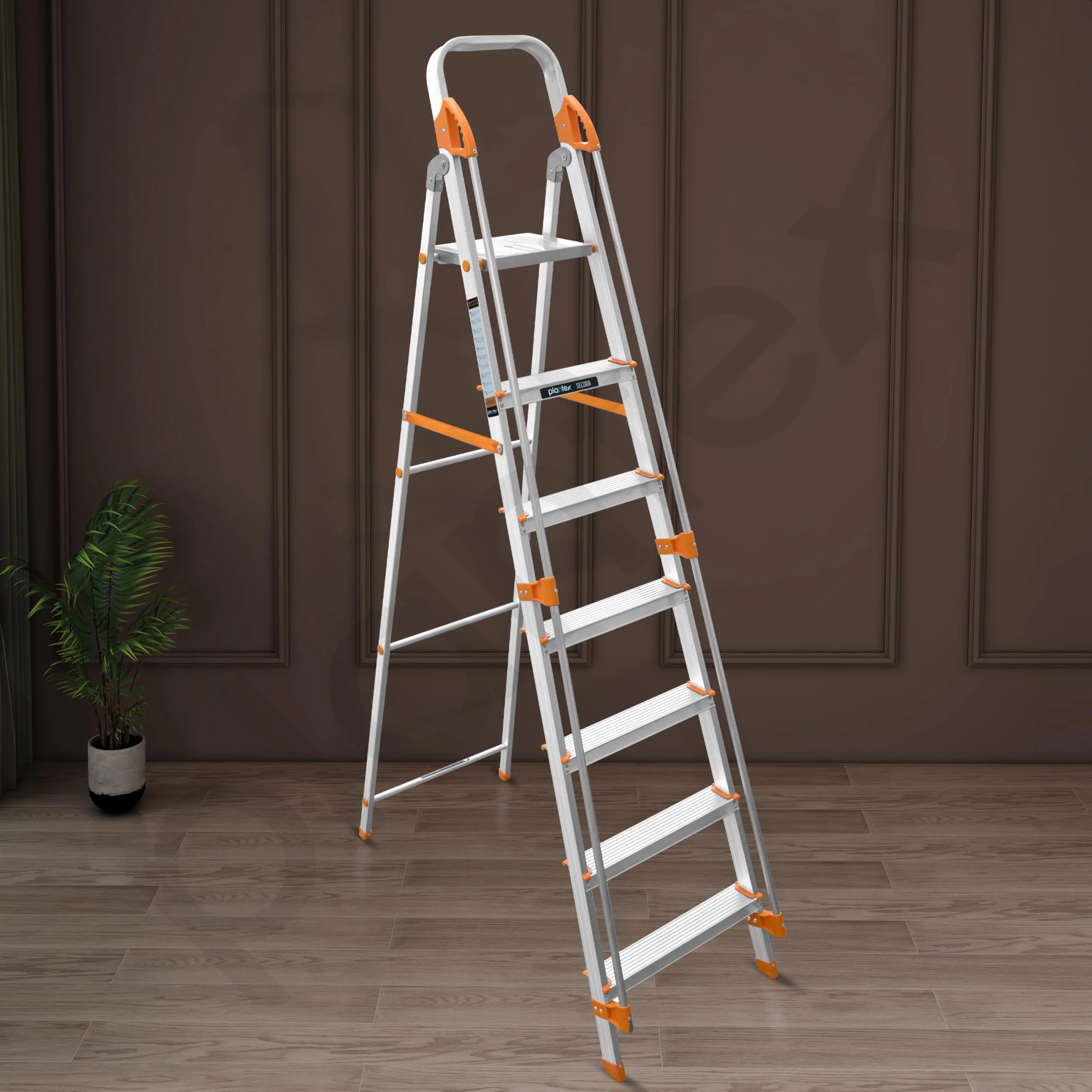 Plantex Secura 7 Step Aluminium Ladder for Home/Foldable Ladder with Safe Hand Rails/5 Year Manufacturer Warranty(Orange-Silver) - Image 7