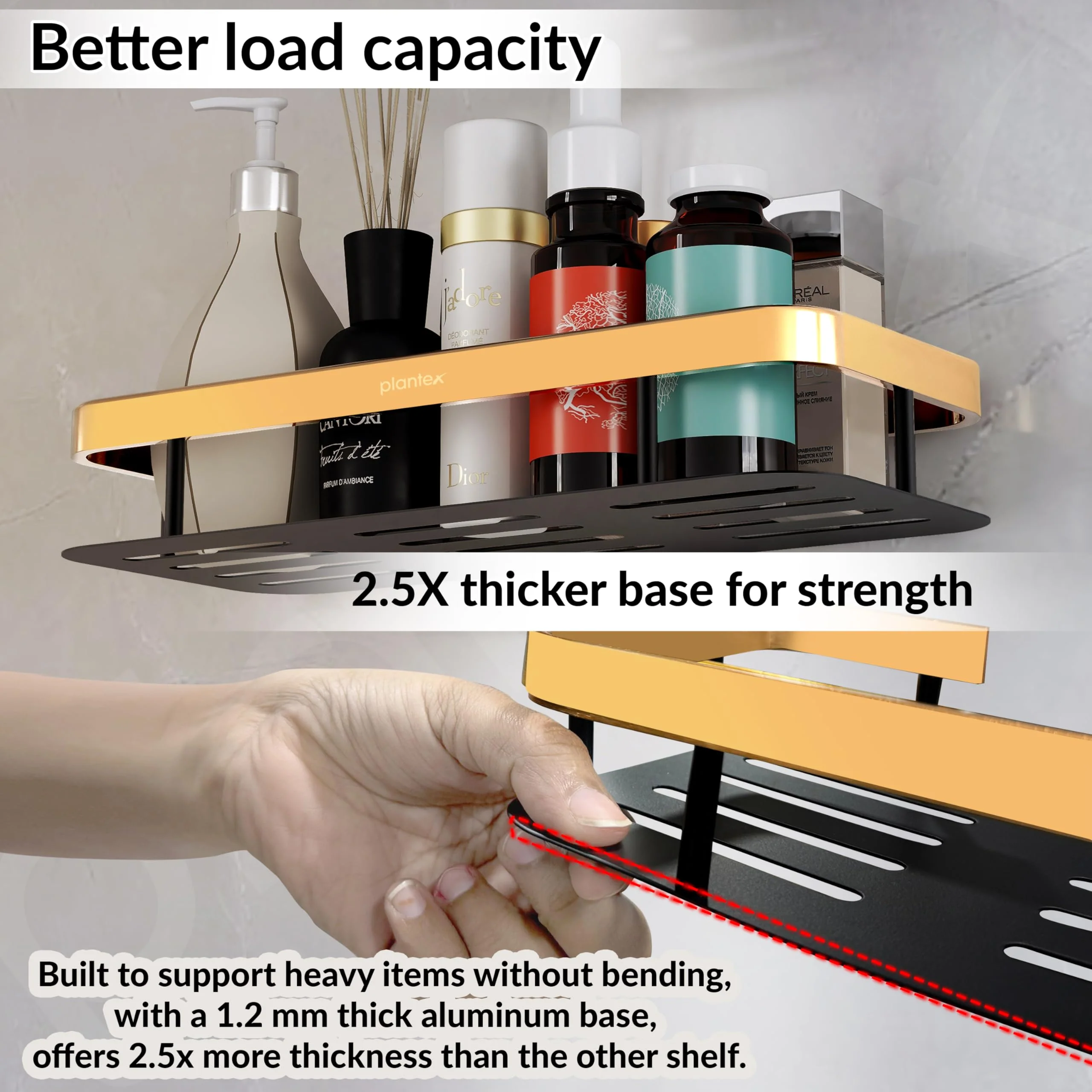 Plantex Self Adhesive Bathroom Shelf/Bathroom Shelf for Wall Adhesive/Aluminium Wall Mounted Rack for Kitchen with Golden Railing and Magic Stickers-(12x5 inches, Gold & Black) - Image 2