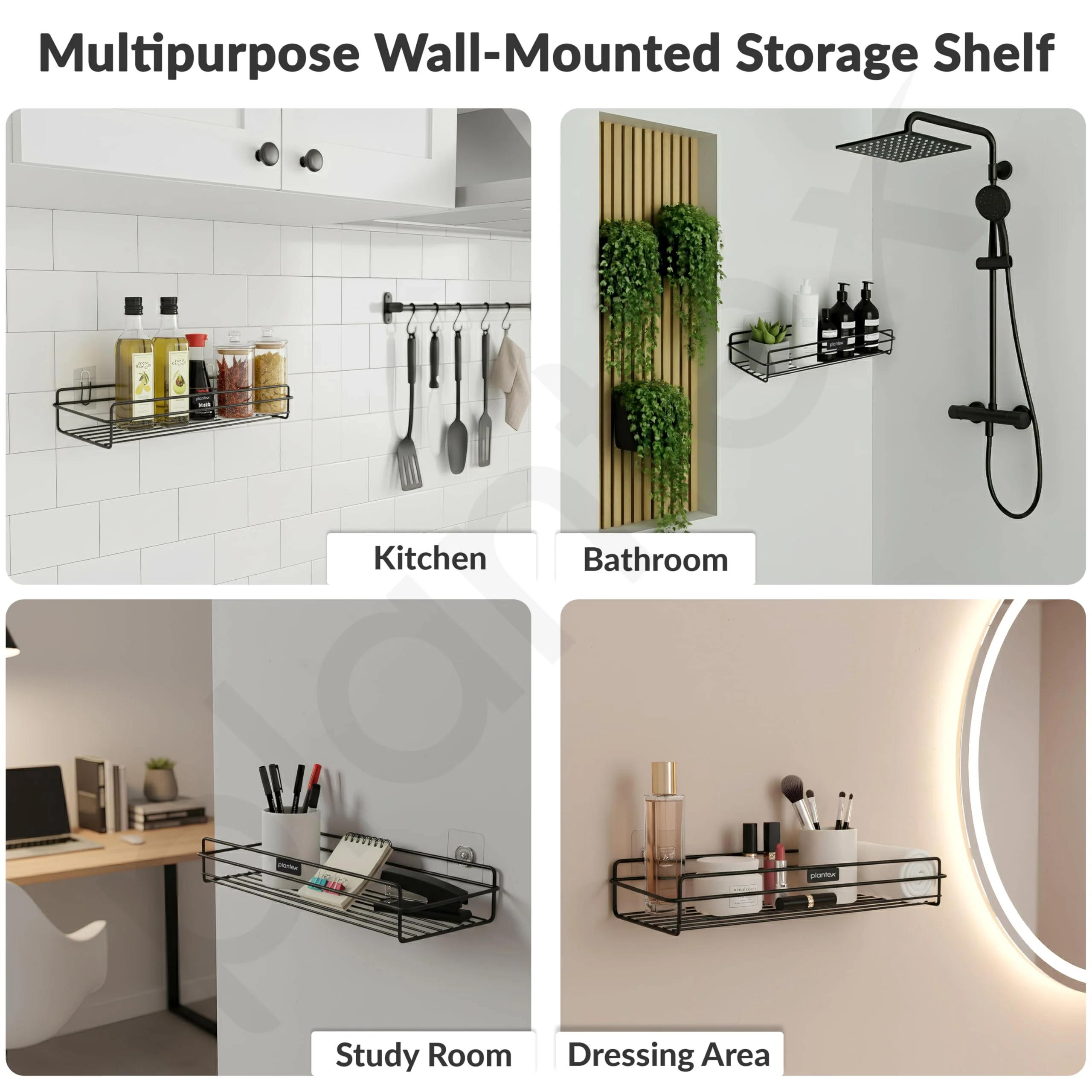 Plantex Self Adhesive Bathroom Shelf Rack/Bathroom Organiser Without Drill//GI-Steel Shelf for Kitchen with Magic Stickers/Bathrooms Accessories- (12x5 inches,Black) - Image 7
