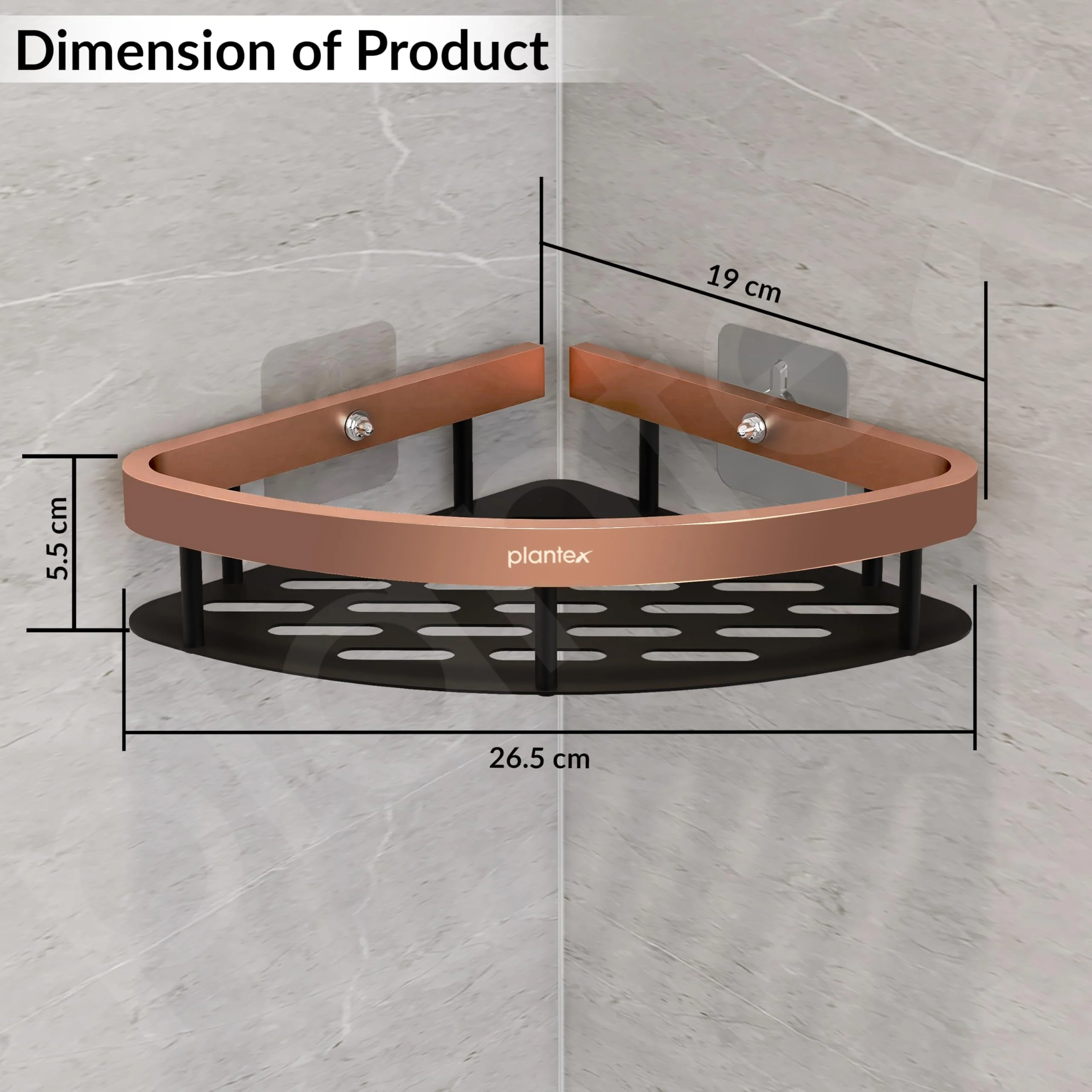 Plantex Self Adhesive Corner Shelf for Bathroom Wall/Aluminium & Stainless Steel Corner Rack/Storage Organizer/Bathroom Accessories Set -Pack of 1 (8 x 8 inch, Copper & Black) - Image 3