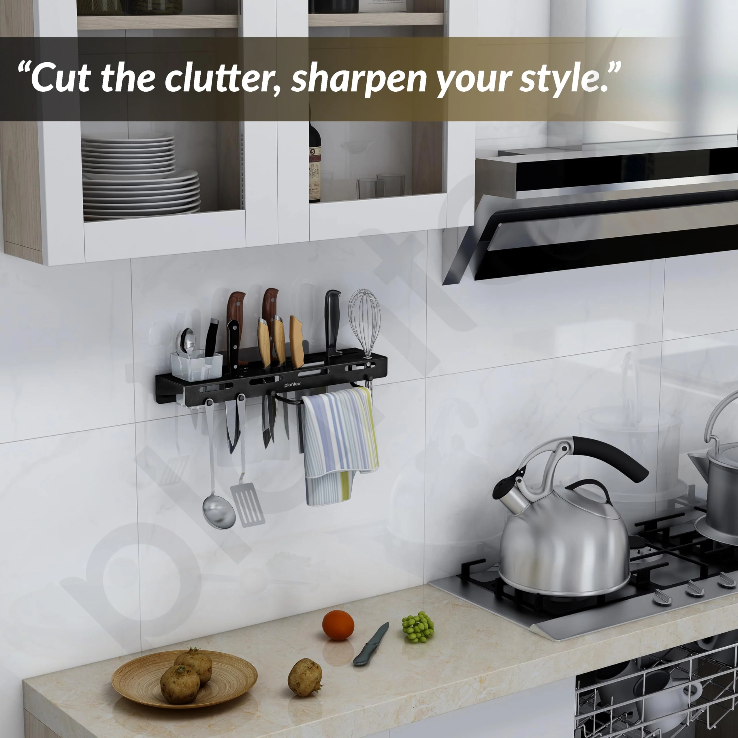 Plantex Self Adhesive Kitchen Cutlery Organizer/Knife Holder/Cutlery Stand/Spatula-Ladle Holder with Adjustable Hooks and Towel Hanger (Black) - Image 5