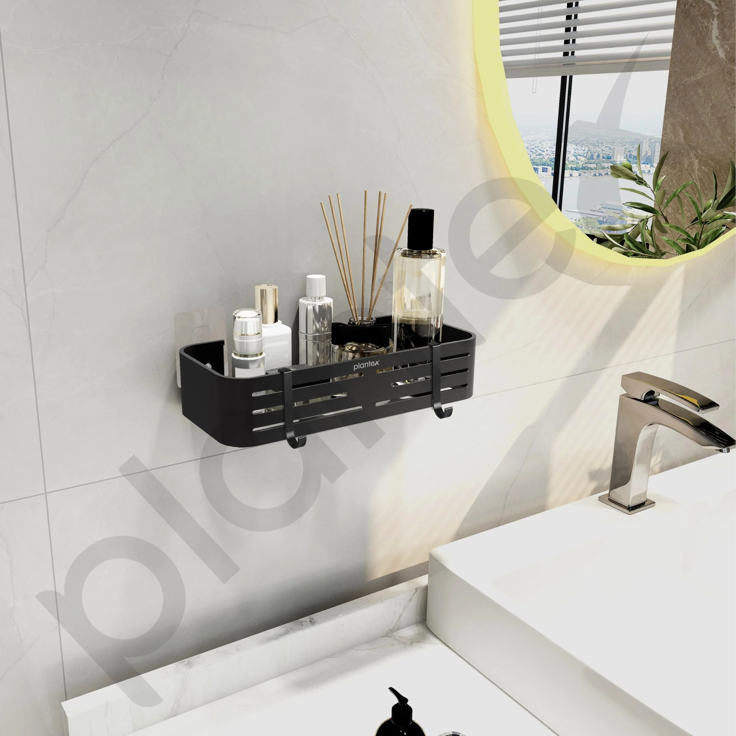 Plantex Self Adhesive Shelf for Bathroom Wall/Aluminium Kitchen Rack Adhesive with Removable Hooks & Magic Stickers/Bathroom Organiser Without Drill (12x5 inches, Matt Black) - Image 2