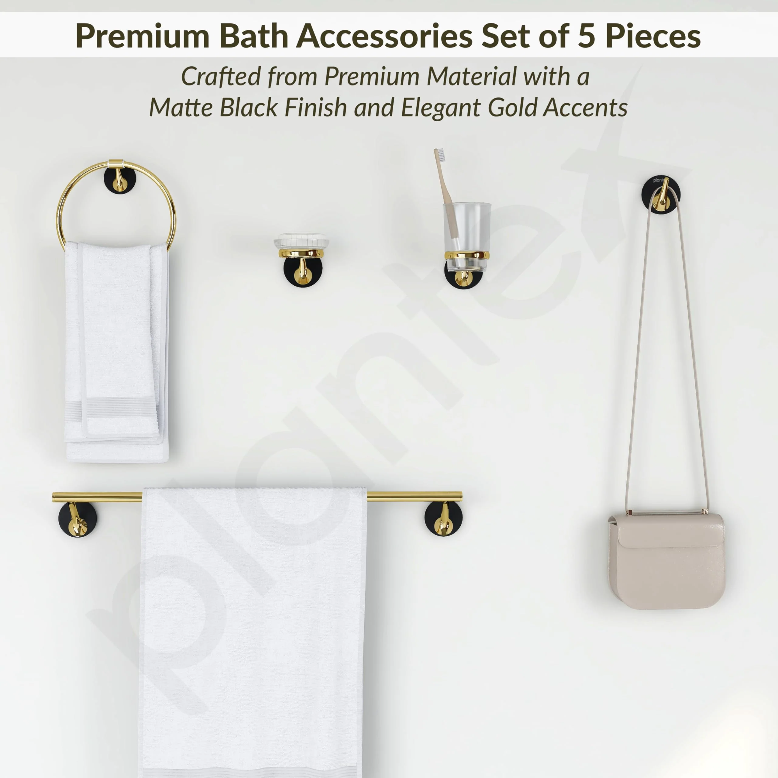 Plantex Self Adhesive Stainless Steel and ABS Bathroom Accessories Set/soap Holder for Bathroom/Tumbler Holder/Towel Rod/Towel Ring for Washbasin/Robe Hook - Set of 5 (Matt Black & Gold) - Image 2