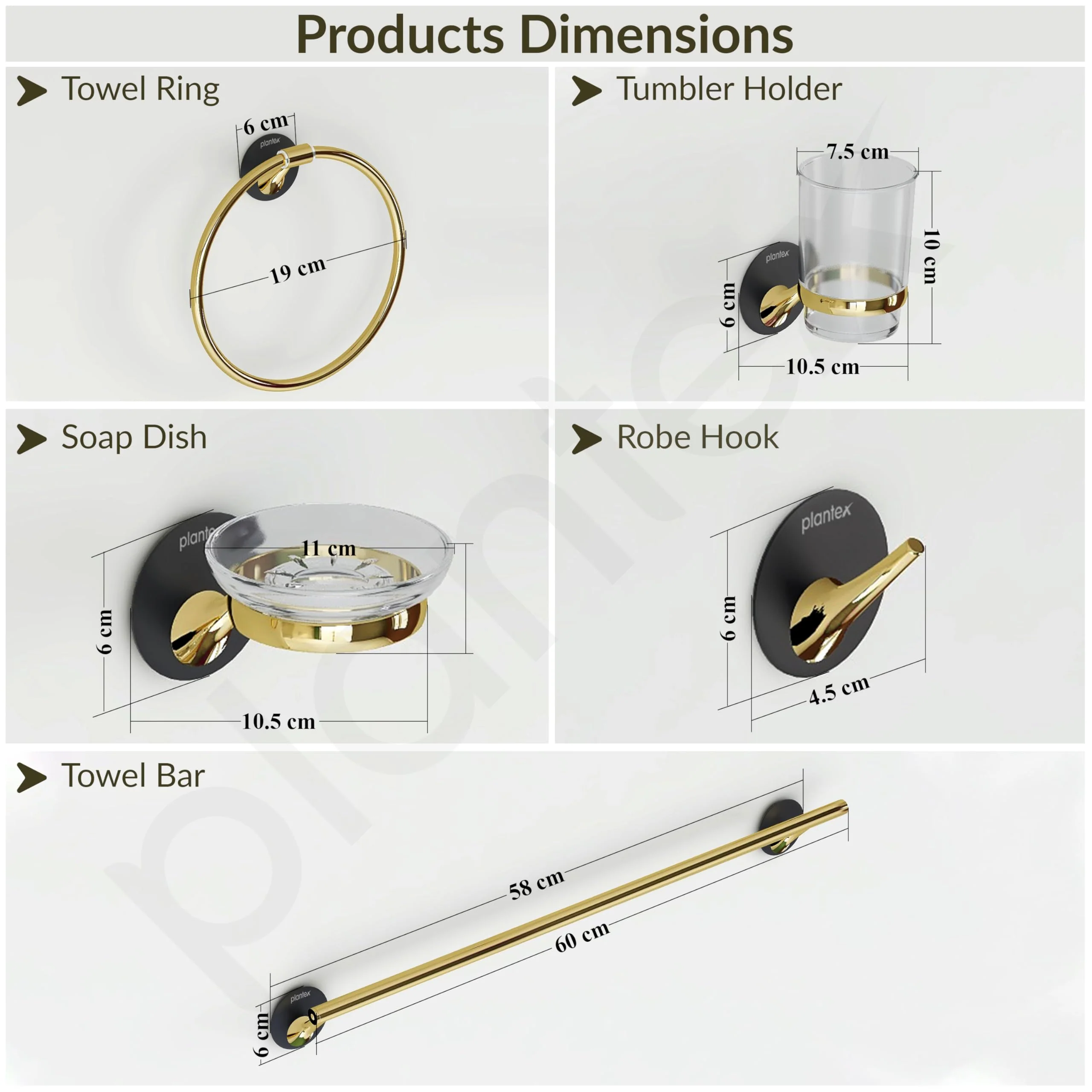 Plantex Self Adhesive Stainless Steel and ABS Bathroom Accessories Set/soap Holder for Bathroom/Tumbler Holder/Towel Rod/Towel Ring for Washbasin/Robe Hook - Set of 5 (Matt Black & Gold) - Image 3