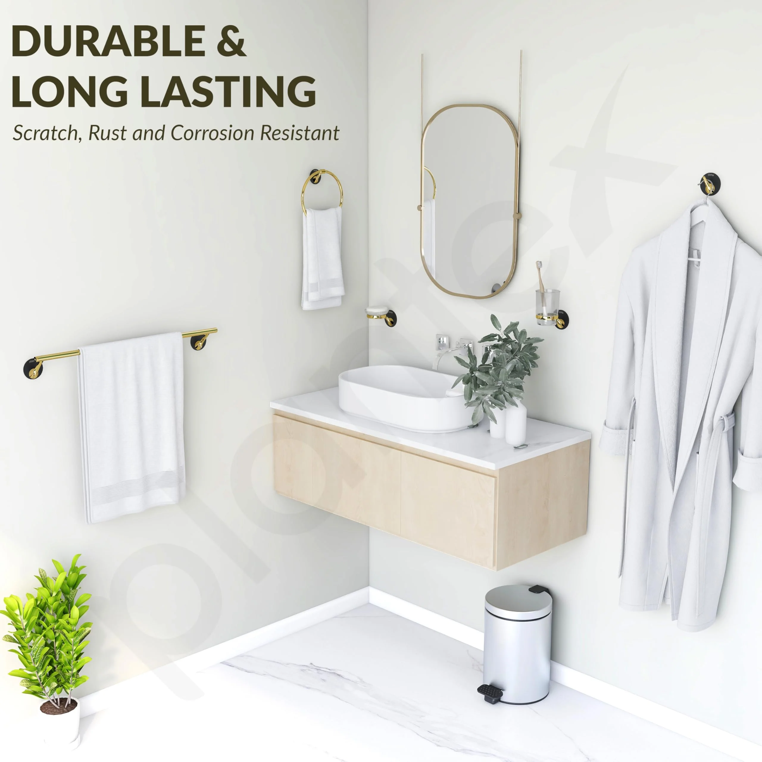 Plantex Self Adhesive Stainless Steel and ABS Bathroom Accessories Set/soap Holder for Bathroom/Tumbler Holder/Towel Rod/Towel Ring for Washbasin/Robe Hook - Set of 5 (Matt Black & Gold) - Image 4