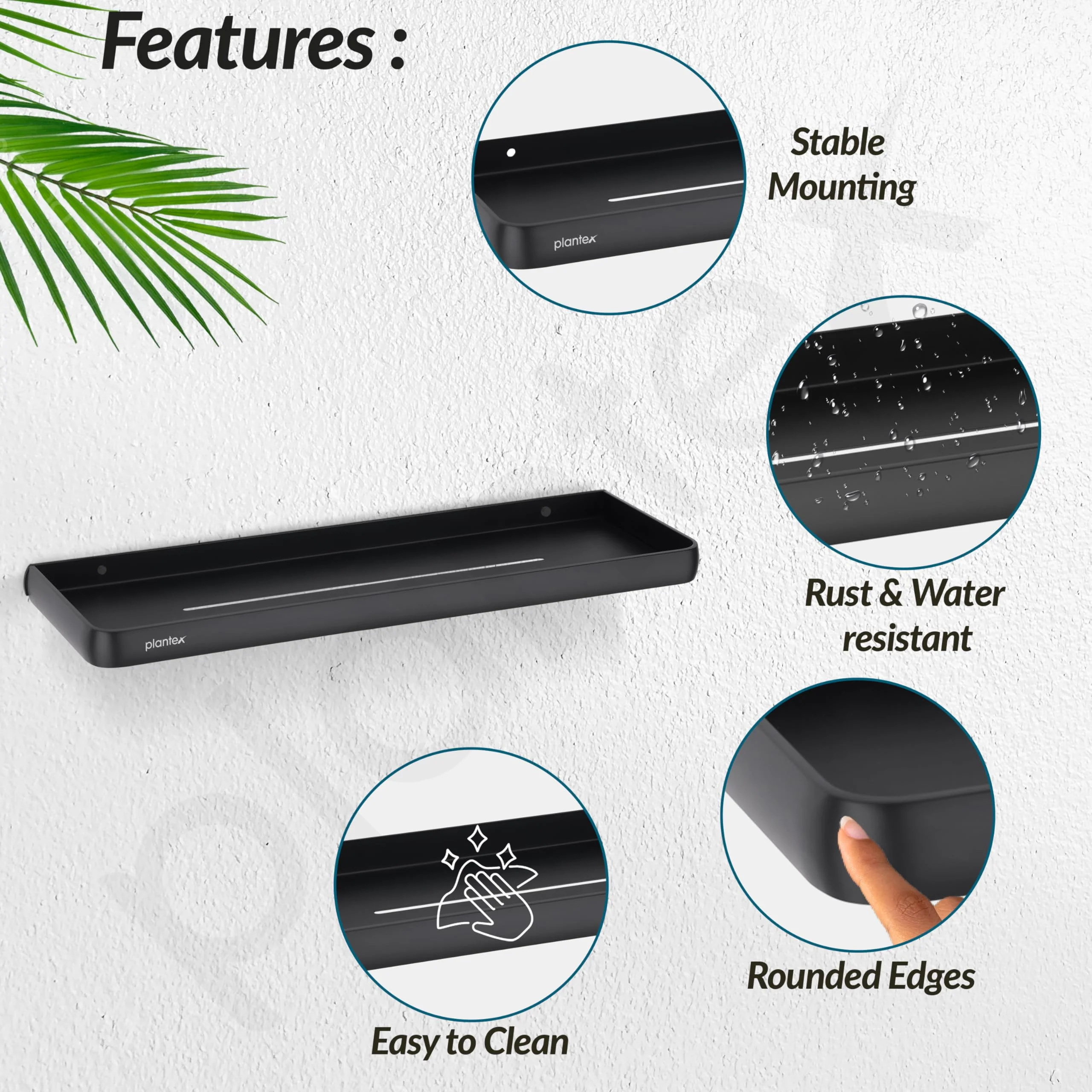 Plantex Shelf for Bathroom/Self Adhesive Wall Shelves/No Drill Bathroom Organizer/18x5 inch Shelf for Home/Office/Hotel - Pack of 1 (1502, Black) - Image 2
