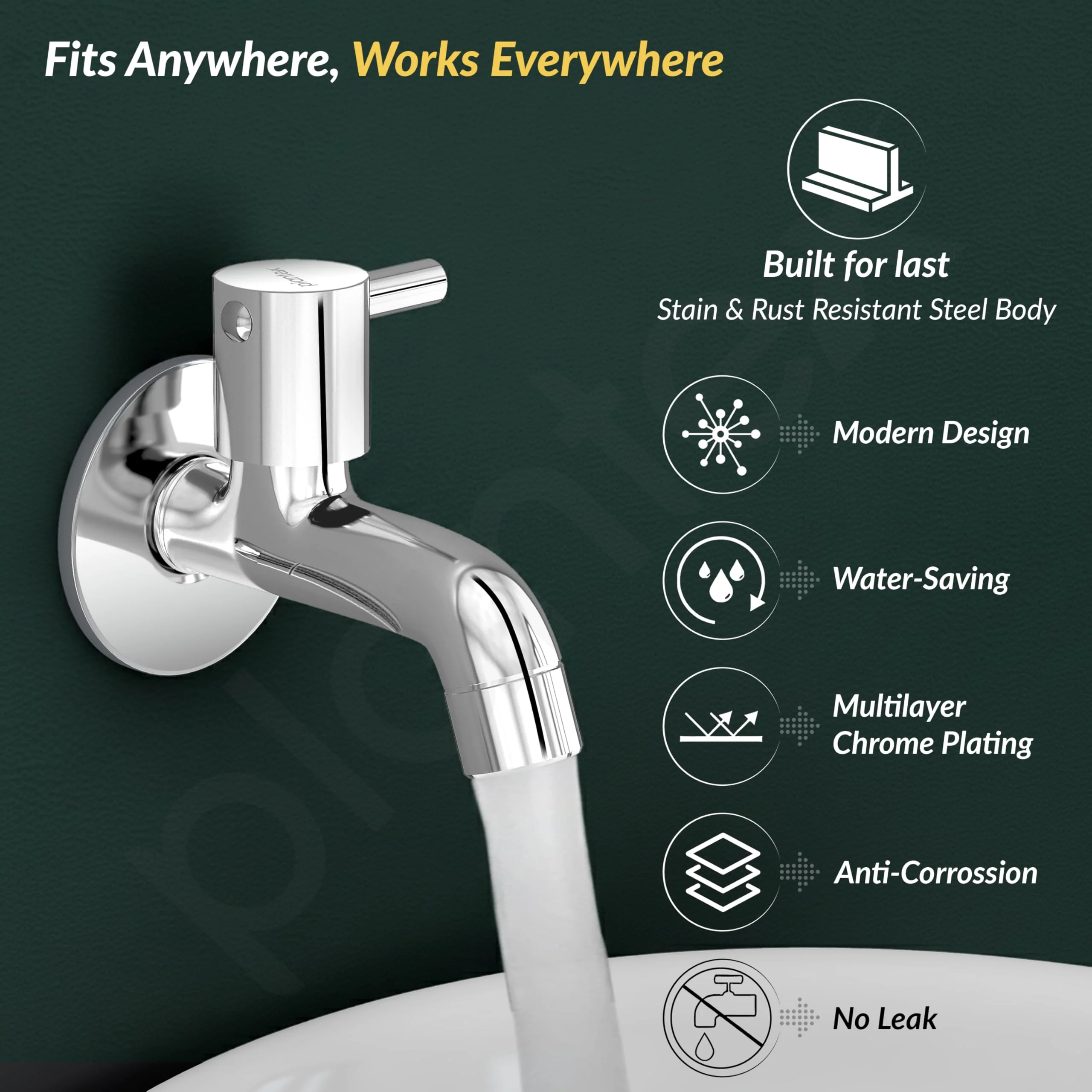 Plantex Short Body Bib Tap for Bathroom with Water-Saving Aerator/Wall Mount Bib Cock with Wall Flange and Teflon Tape/Brass Spindle Basin Tap for Home (MKS-1271-Mirror Chrome) - Image 2
