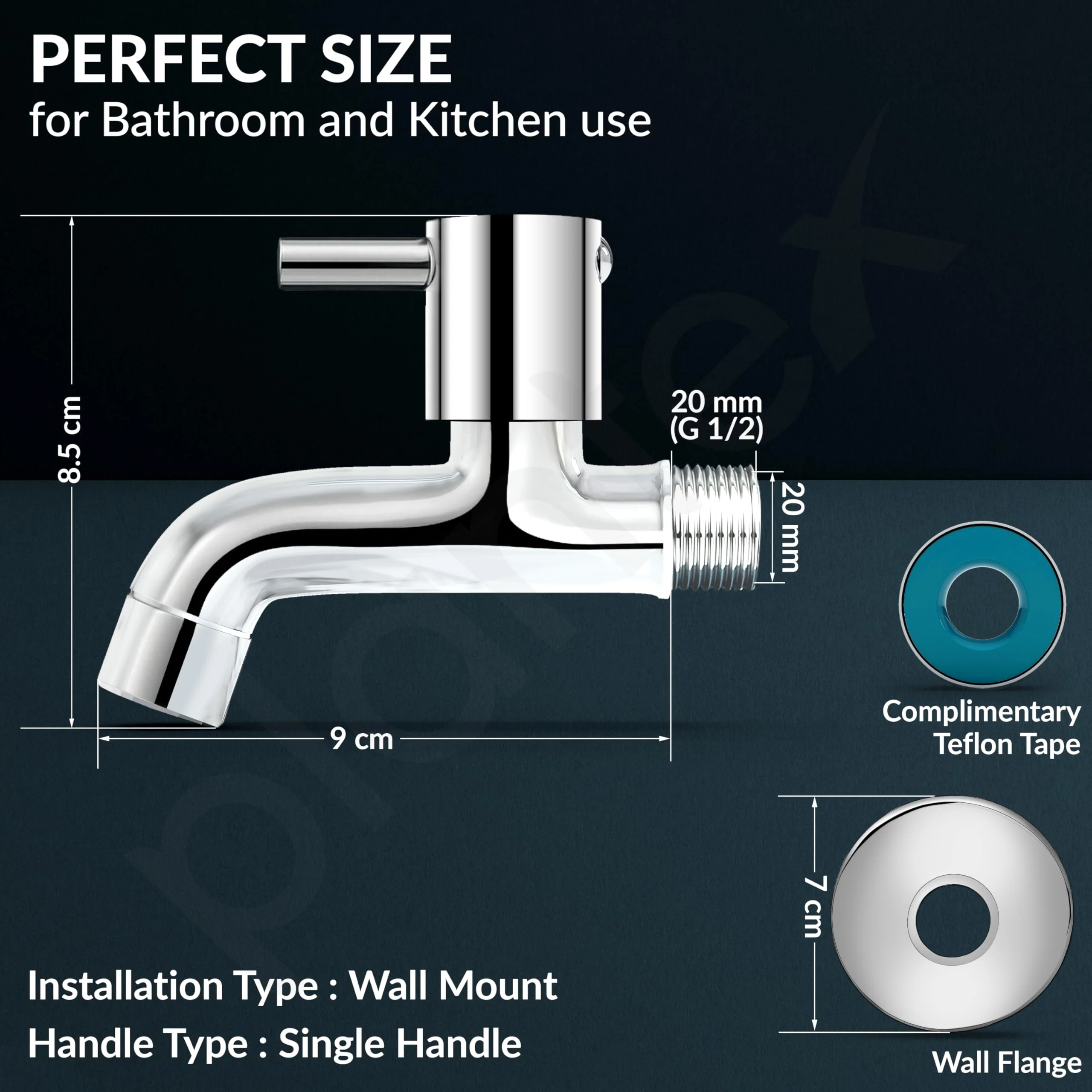 Plantex Short Body Bib Tap for Bathroom with Water-Saving Aerator/Wall Mount Bib Cock with Wall Flange and Teflon Tape/Brass Spindle Basin Tap for Home (MKS-1271-Mirror Chrome) - Image 4