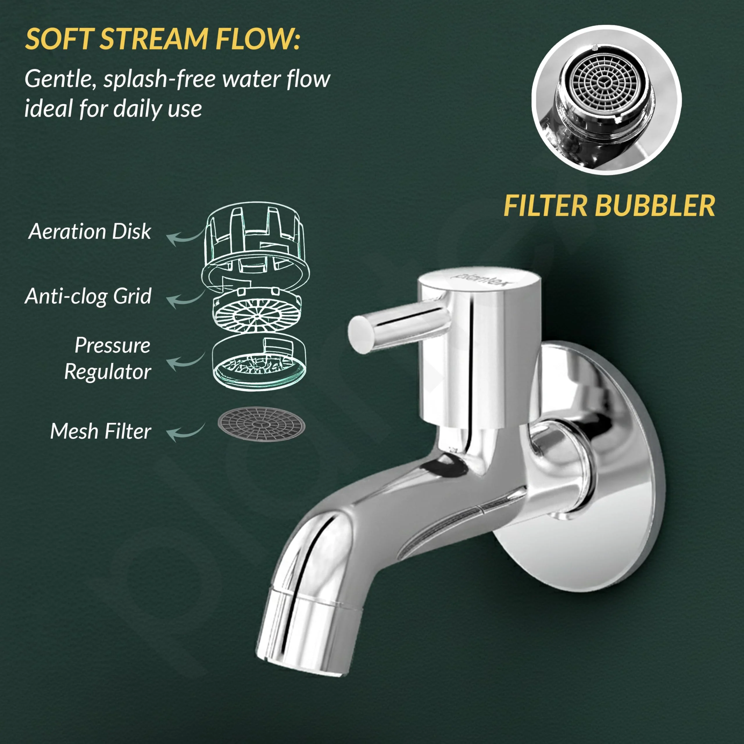 Plantex Short Body Bib Tap for Bathroom with Water-Saving Aerator/Wall Mount Bib Cock with Wall Flange and Teflon Tape/Brass Spindle Basin Tap for Home (MKS-1271-Mirror Chrome) - Image 6