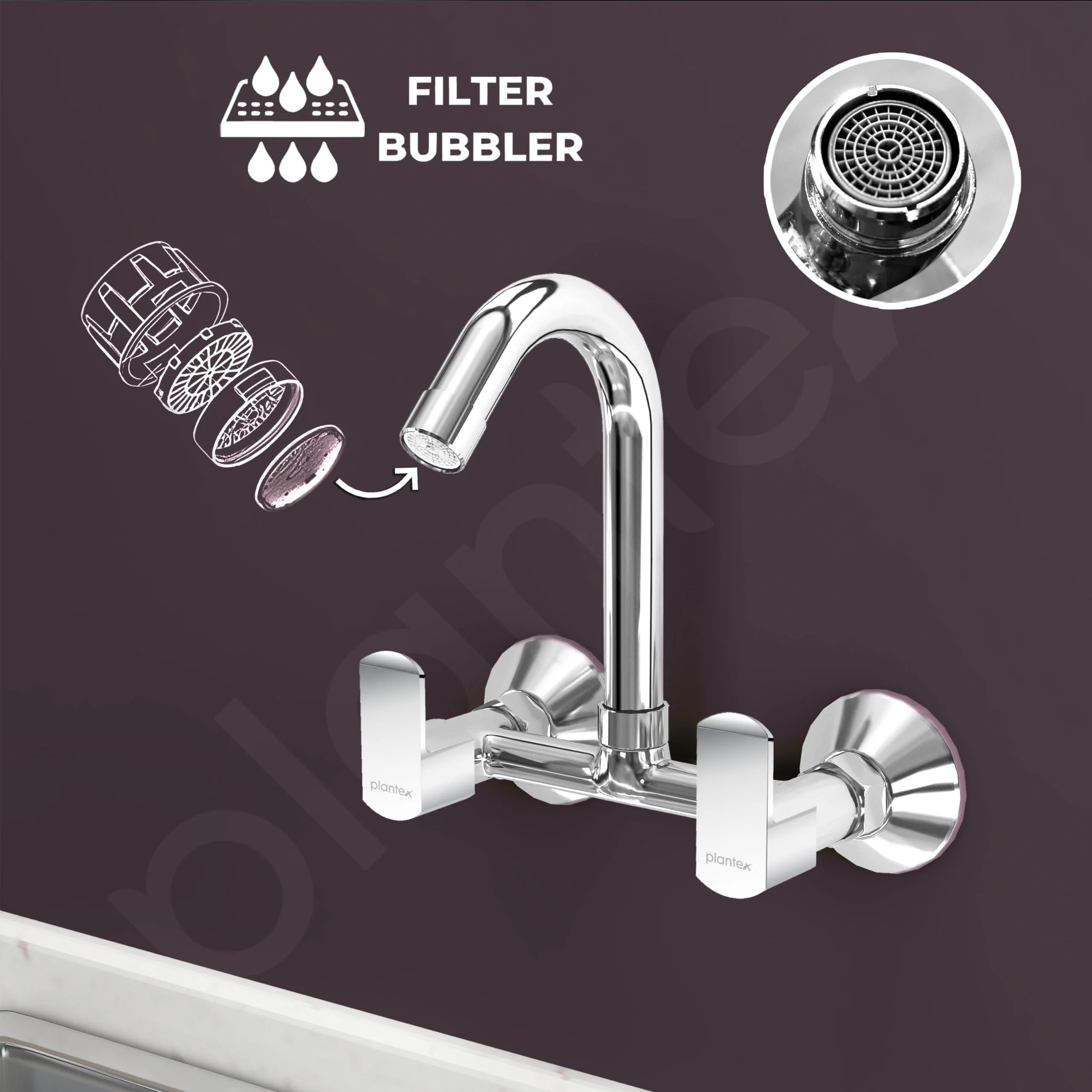 Plantex Sink Mixer for Kitchen/360 Degree Rotating Spout/Hot & Cold Water Mixer/Wall Mount Sink Mixer with Teflon Tap - Pack of 1 (Chrome, Kroma) - Image 6