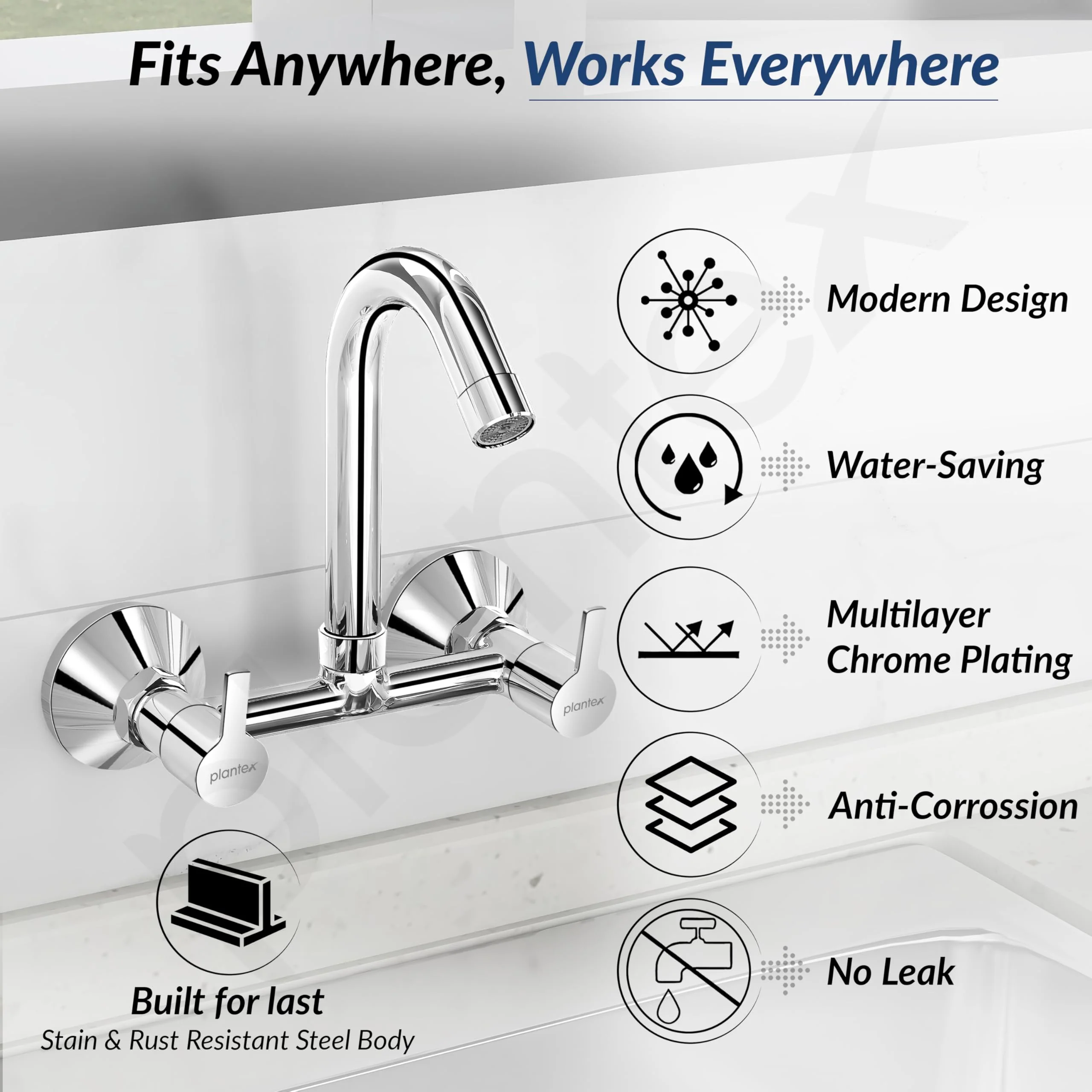 Plantex Sink Mixer for Kitchen/Hot & Cold Water Mixer with Teflon Tape & Wall Flange - Pack of 1 (Rio, Chrome) - Image 5