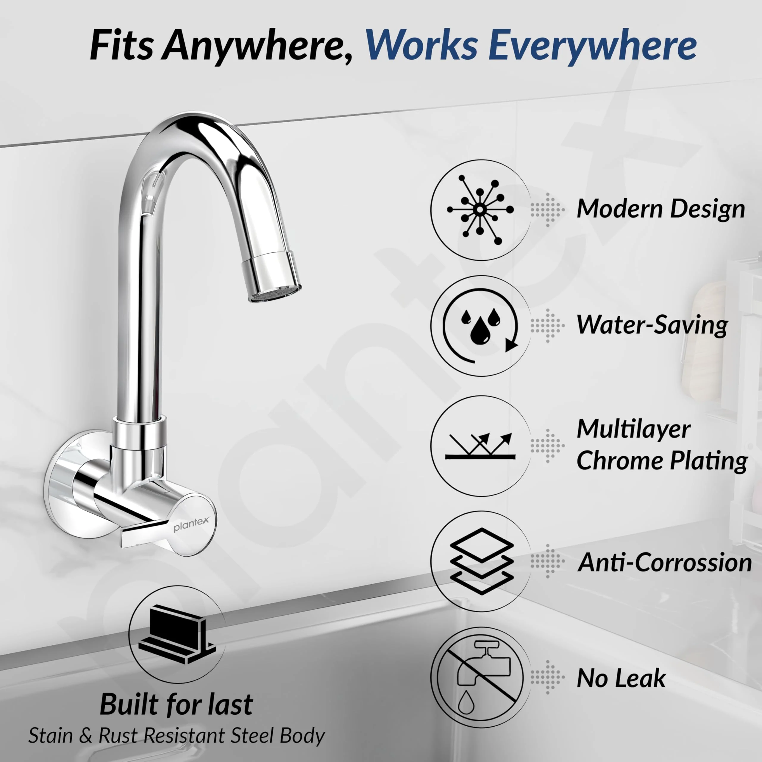 Plantex Sink Taps for Kitchen Basin/Wall Mount Tap for Kitchen Sink with Wall Flange & Teflon Tape/Sink Cock Tap - Pack of 1 (Rio, Chrome) - Image 4