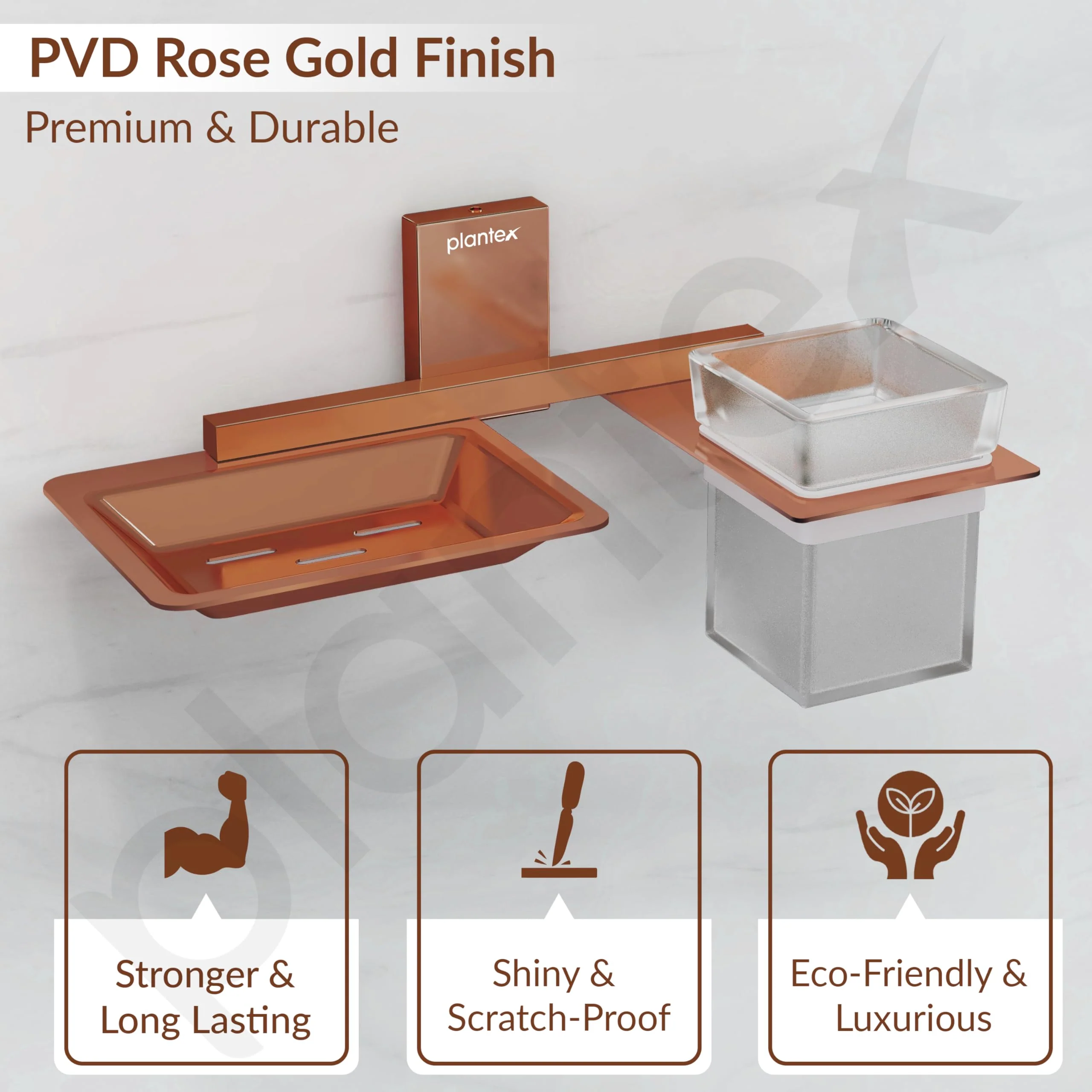 Plantex Soap Dish with Glass Toothbrush Holder for Bathroom/304 Grade Stainless Steel Soap Holder with Tumbler Holder/Soap Stand/Toothpaste Holder - Crystal (PVD Rose Gold) - Image 5