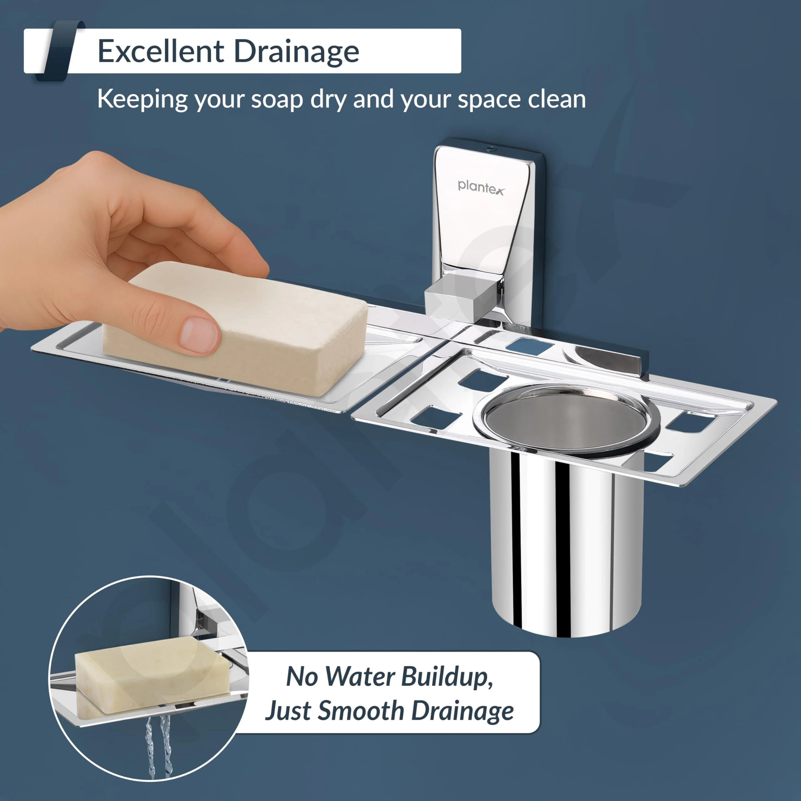 Plantex Soap Dish with Tumbler Holder/304 Grade Stainless Steel 2in1 Soap Dish with Tumbler Stand/Soap Case/Tooth Brush Holder for Bathroom - Crystal (Chrome) - Image 6