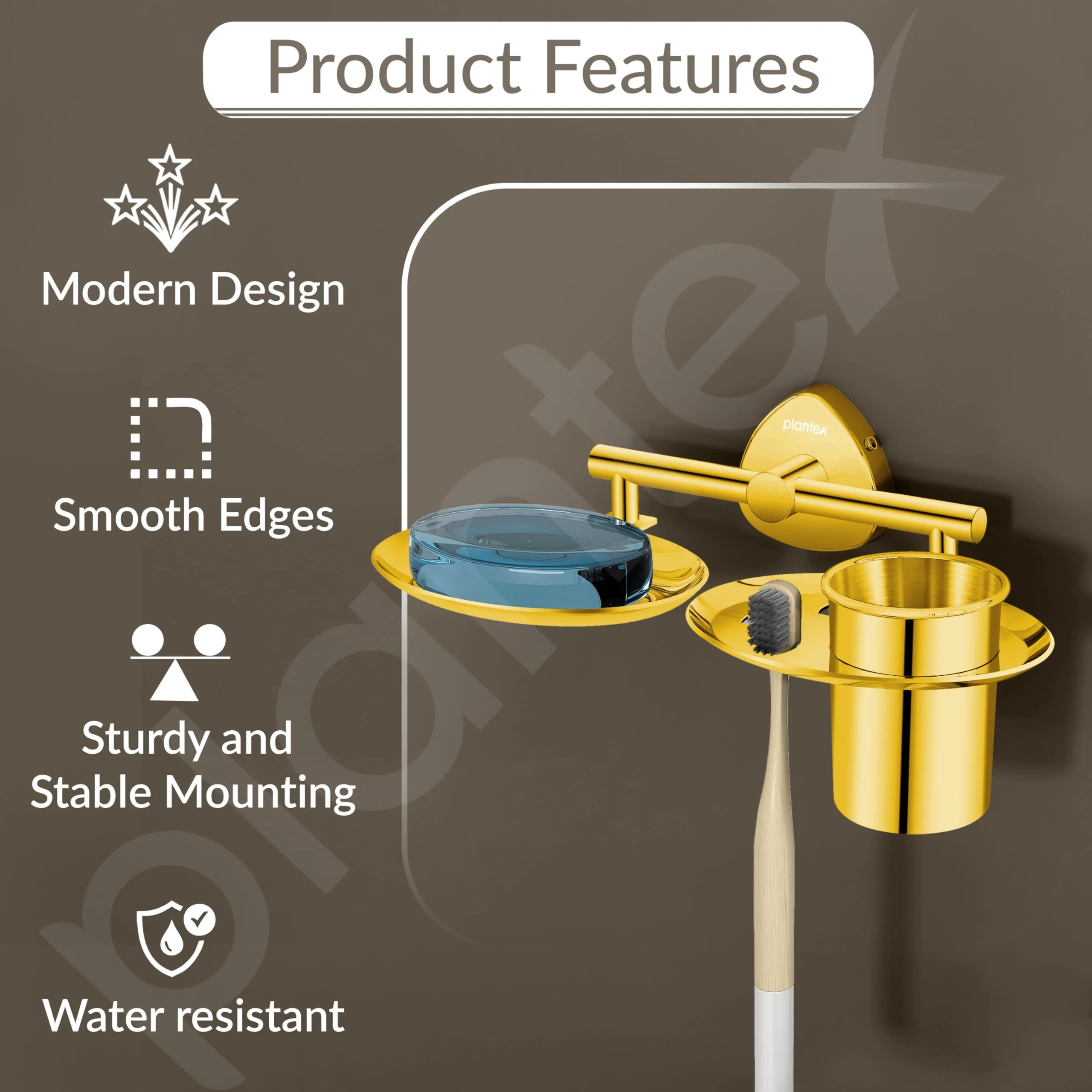 Plantex Soap Dish with Tumbler Holder/J4 Stainless Steel 2in1 Soap Dish with Tumbler Stand/Soap Case/Toothbrush Holder for Bathroom - Pack of 1 (R-217A, Gold) - Image 4