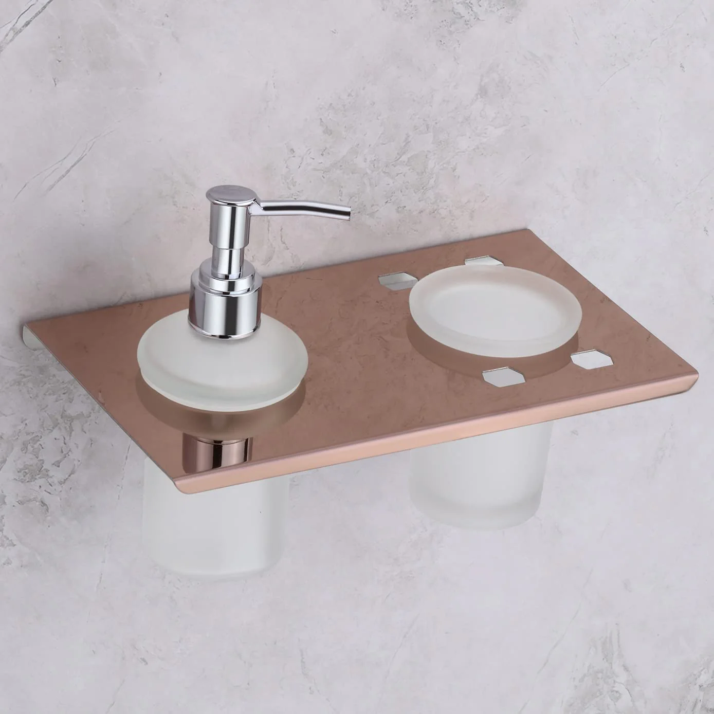 Plantex Soap Dispenser with Tumbler Holder/Stainless Steel 2 in 1 Liquid Soap Dispenser/Hand Wash Dispenser with Tooth Brush Holder for Wall Mount/Bathroom Accessories - (Rose Gold-Chrome) - Image 2