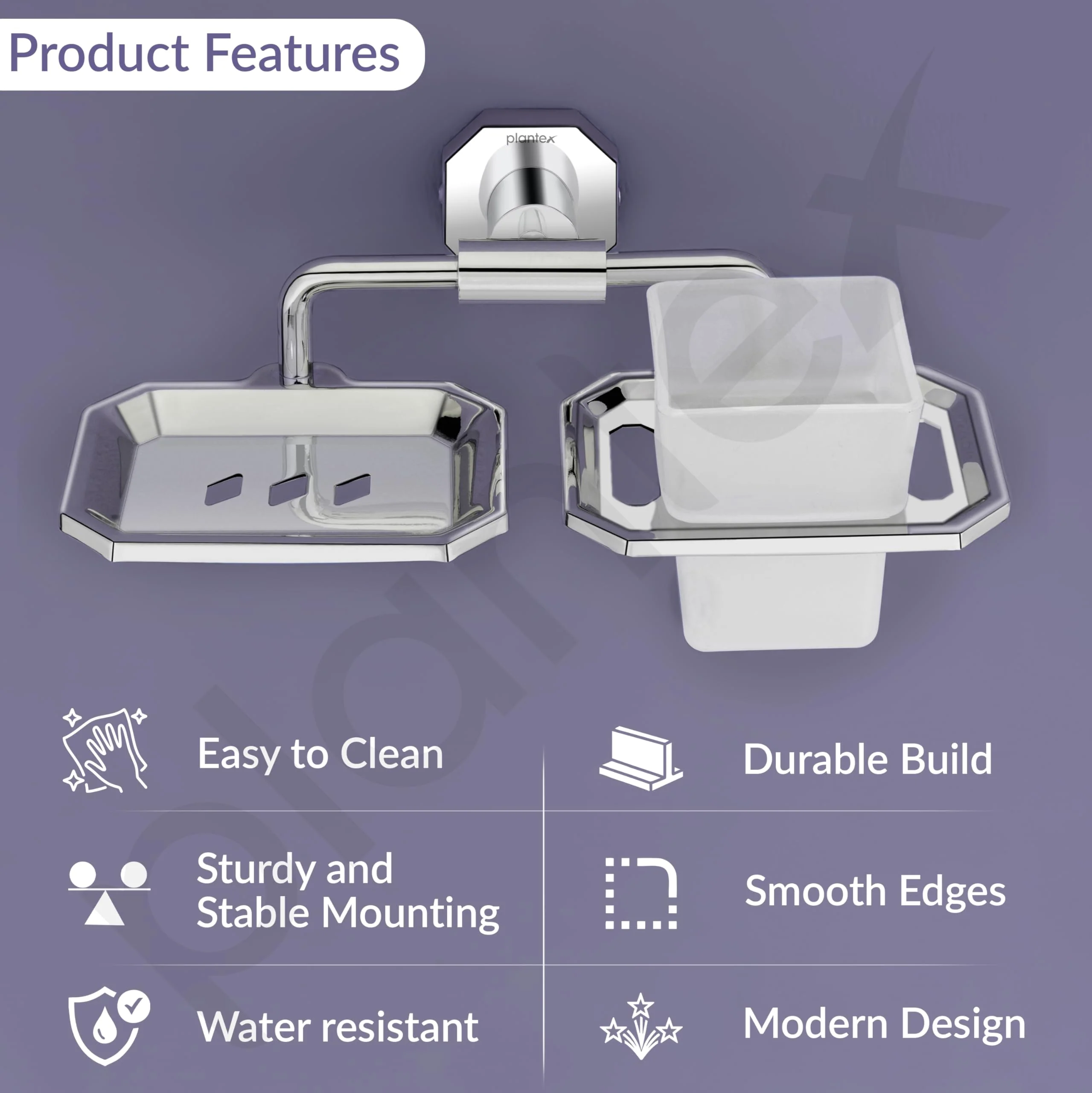 Plantex Soap Holder with Toothbrush Holder/304 Grade Stainless Steel Soap Dish with Tumbler Holder/Bathroom Accessories - Nipron (Chrome) - Image 2
