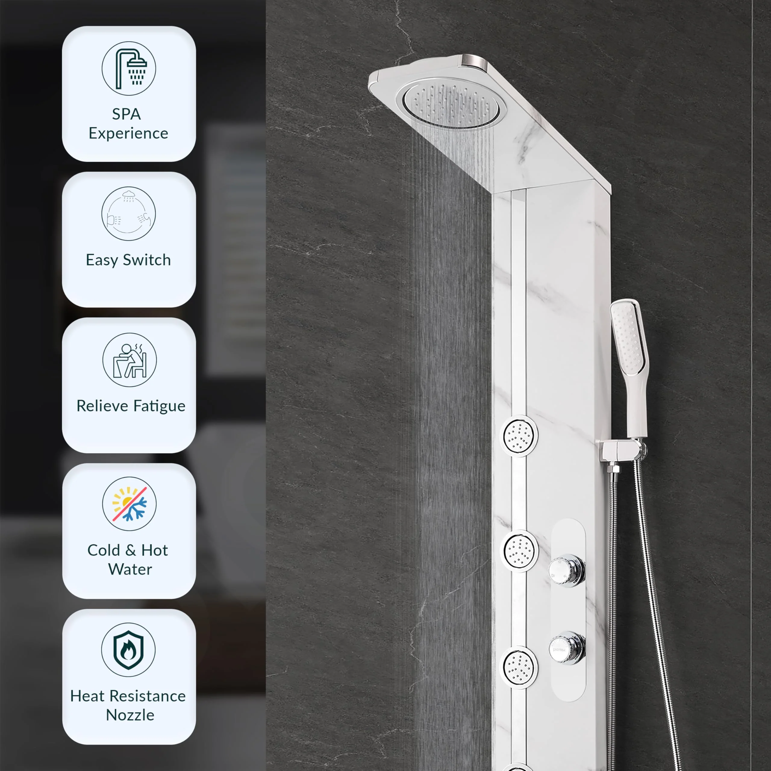Plantex SS-304 Marble Textured Shower Panel for Bathroom with Showerhead/Hand Shower with Hose Pipe & Clamp/Body Massage Jets/Bathroom Shower System -(KM-8099) - Image 4