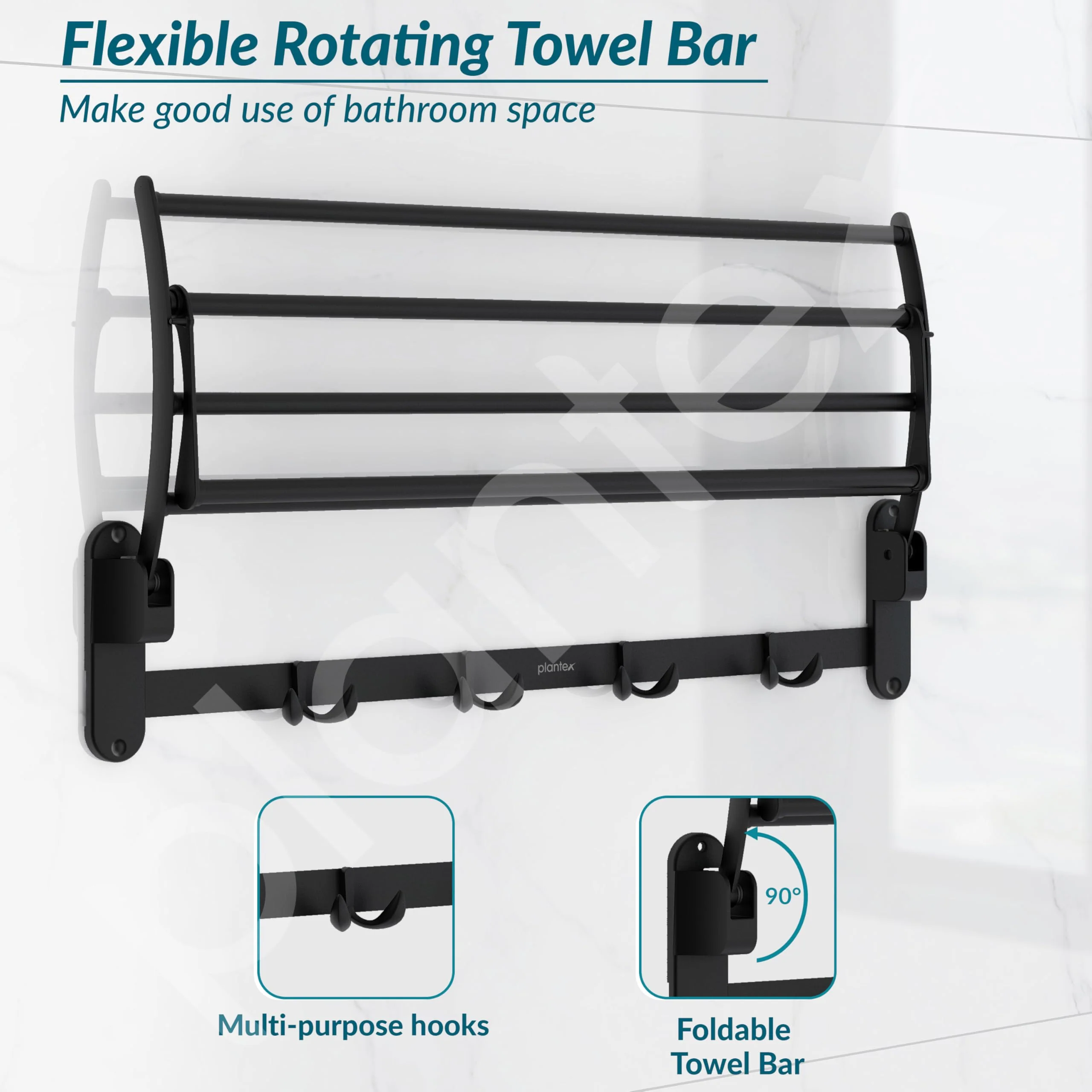 Plantex Stailness Steel Folding Towel Rack for Bathroom/Towel Rod with Hooks/Towel Stand/Towel Holder/Bathroom Accessories (24 inch) Matt Black - Image 4