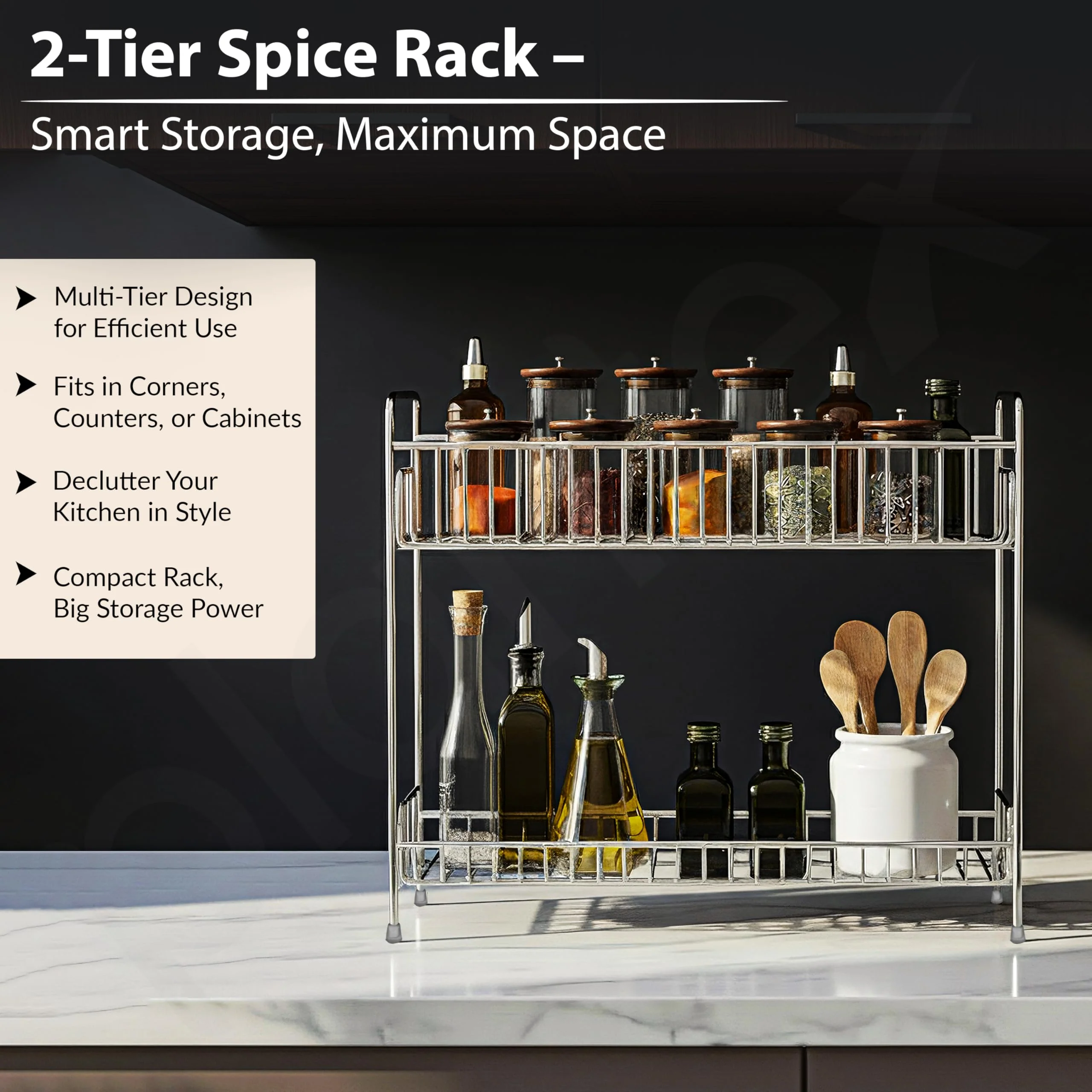 Plantex Stainless Steel 2-Tier Tiered Shelf Table Mount Kitchen Organizer/Spice Rack/Multipurpose Storage Stand/Racks For Kitchen (Chrome) - Image 7
