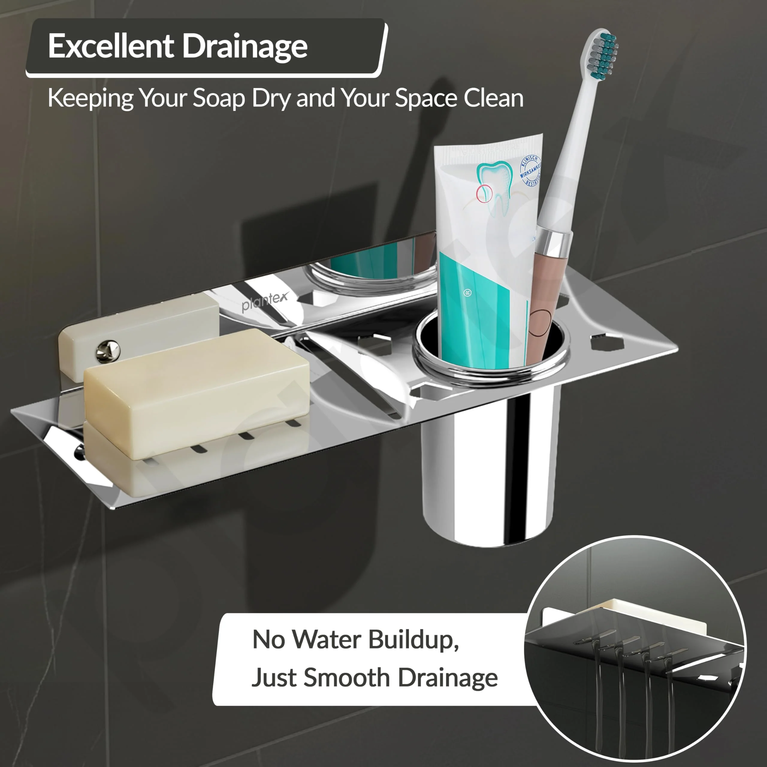 Plantex Stainless Steel 2in1 Soap Dish with Tumbler Holder/Soap Stand/Tooth Brush Holder/Bathroom Accessories - Wall Mount (Chrome) - Image 5