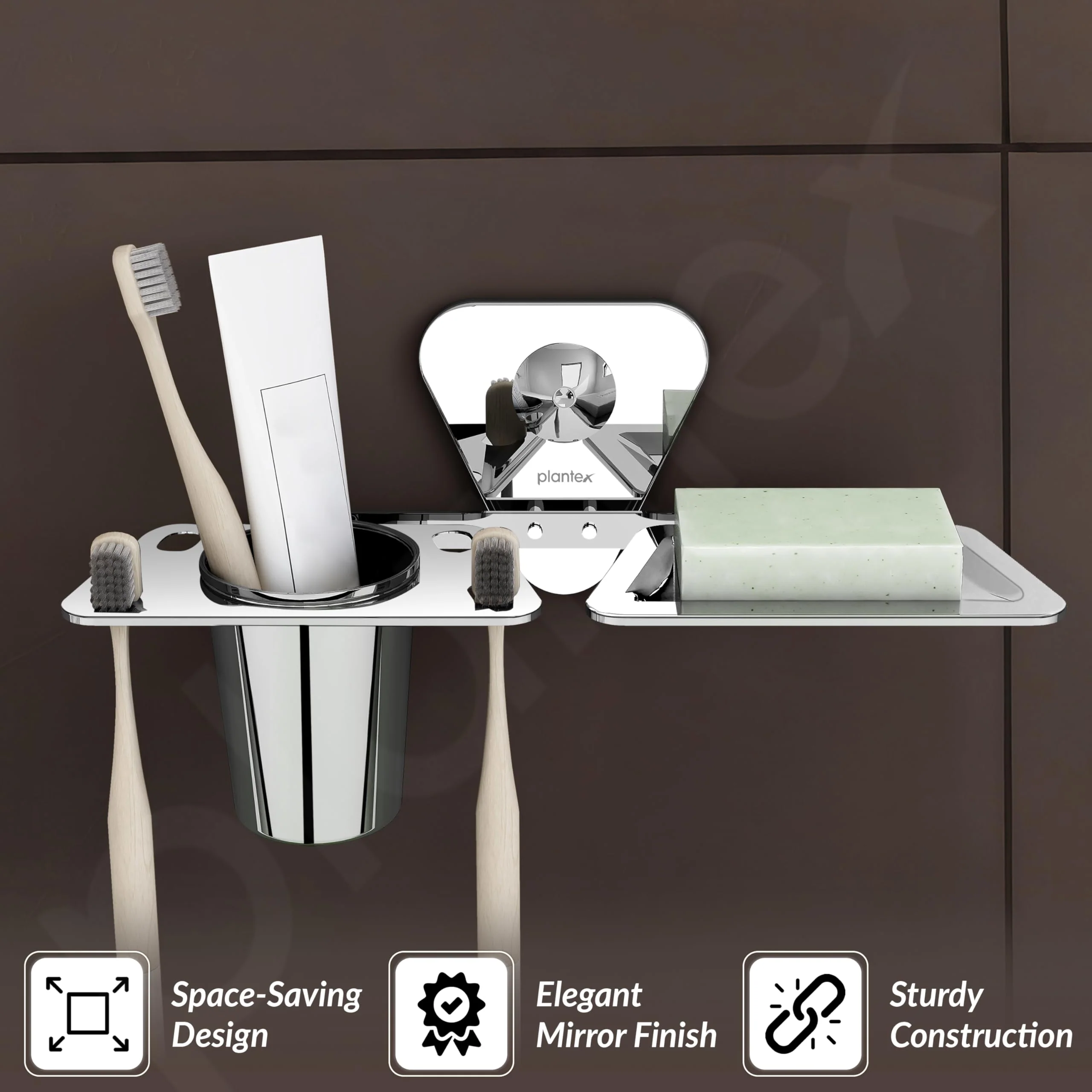Plantex Stainless Steel 2in1 Soap Holder with Tumbler Holder/Bathroom Accessories - (Chrome) - Image 2