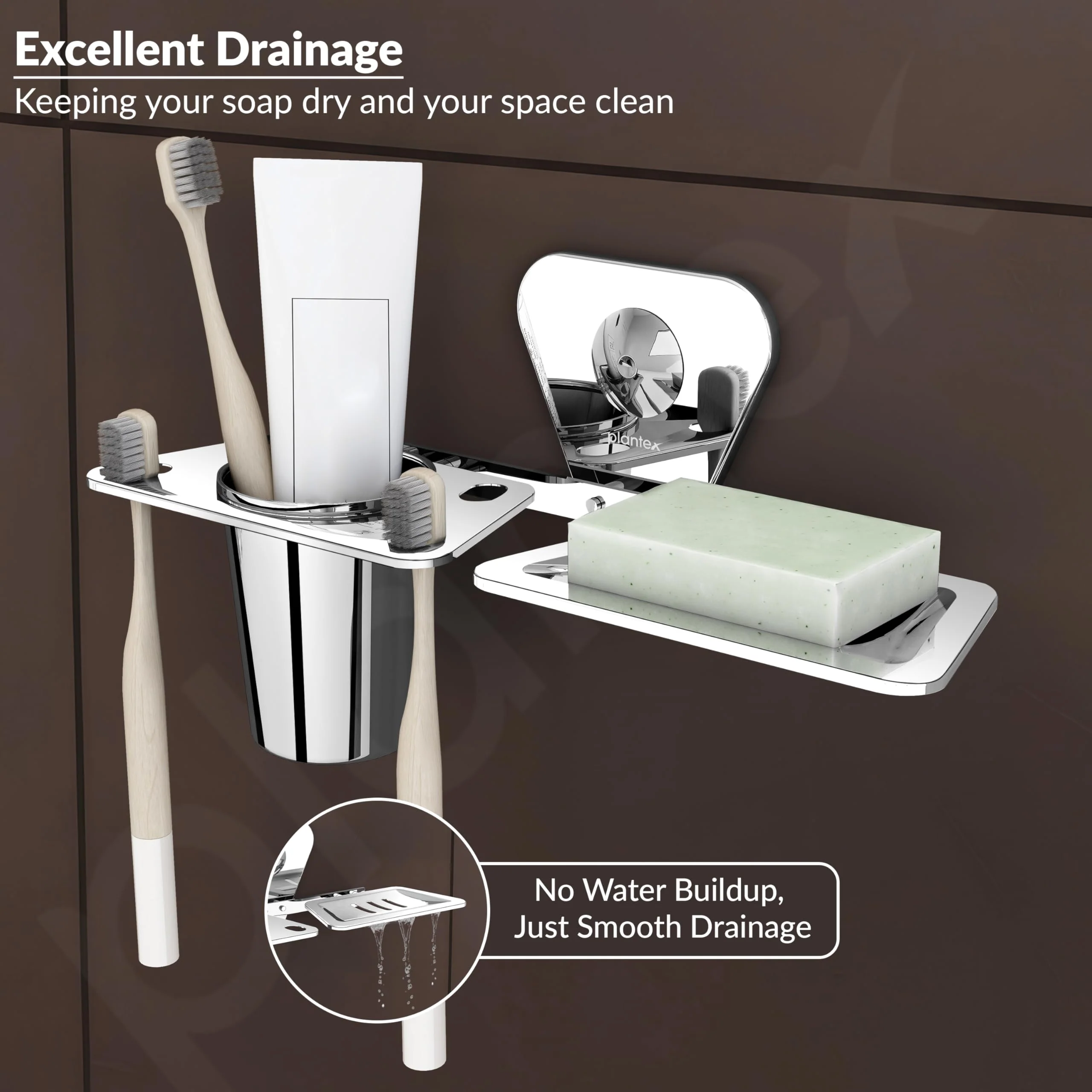 Plantex Stainless Steel 2in1 Soap Holder with Tumbler Holder/Bathroom Accessories - (Chrome) - Image 6