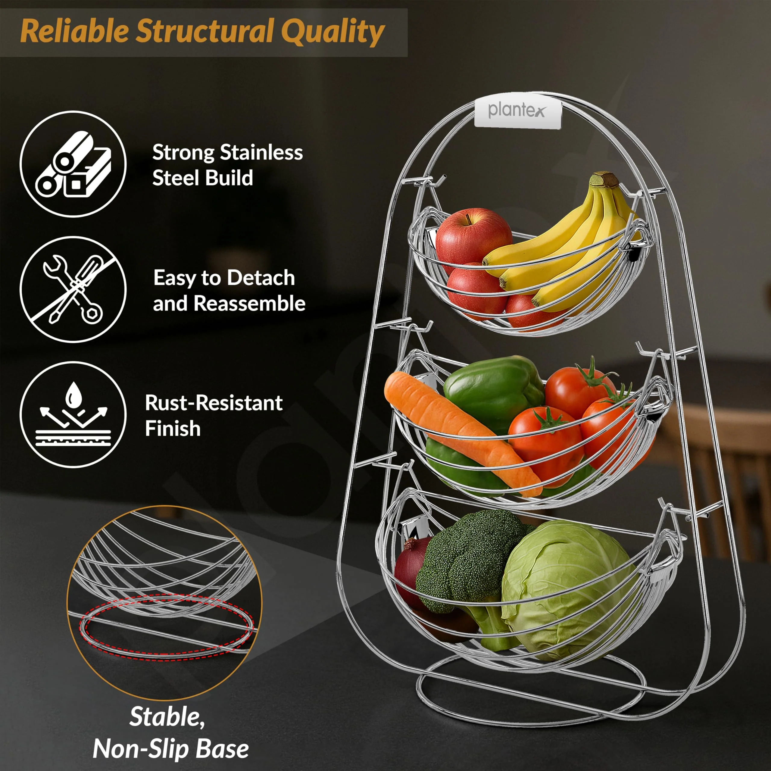 Plantex Stainless Steel 3 Step Swing Fruit and Vegetable Basket/Fruit Basket/Vegetable Basket for Kitchen and Dining Table - Image 2