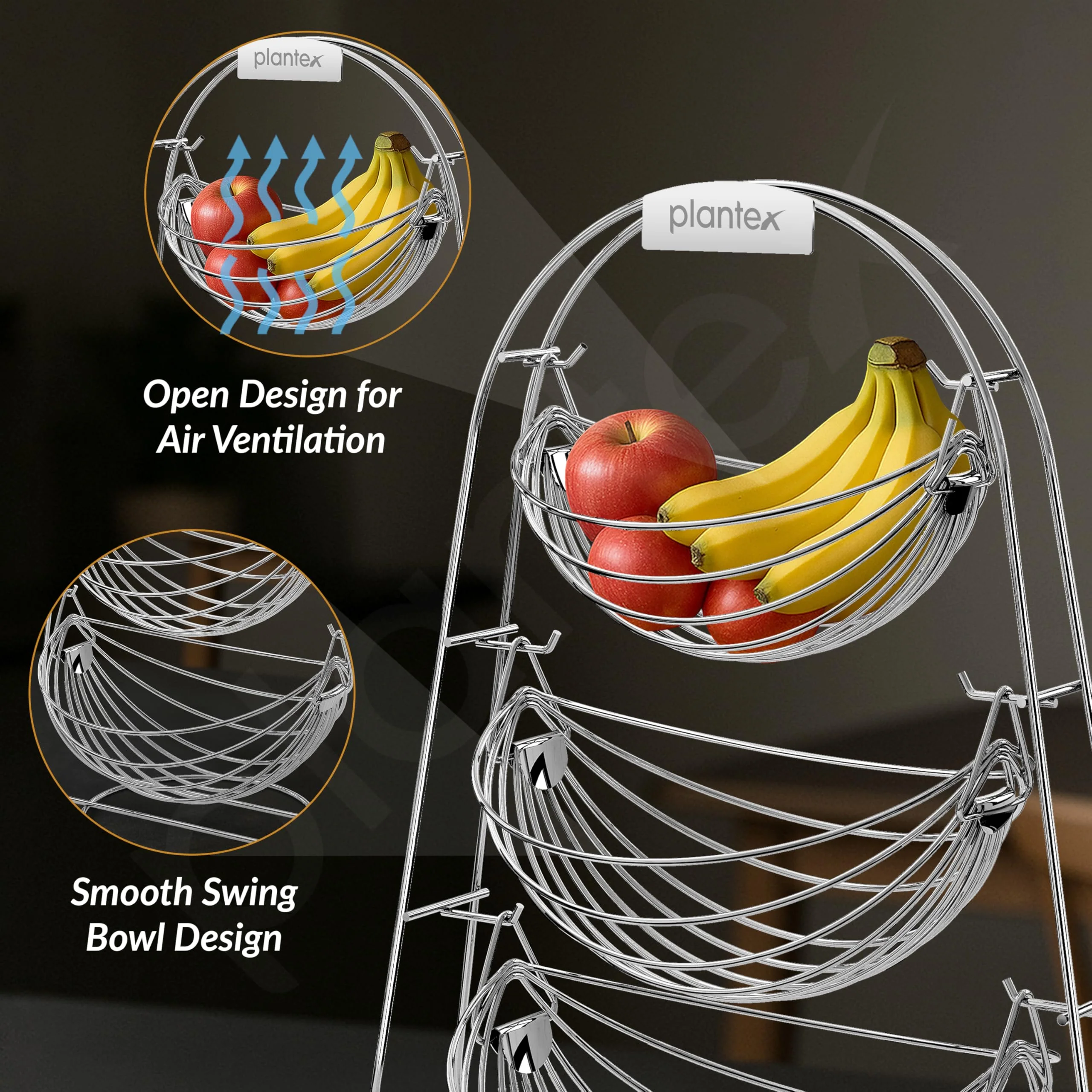 Plantex Stainless Steel 3 Step Swing Fruit and Vegetable Basket/Fruit Basket/Vegetable Basket for Kitchen and Dining Table - Image 3