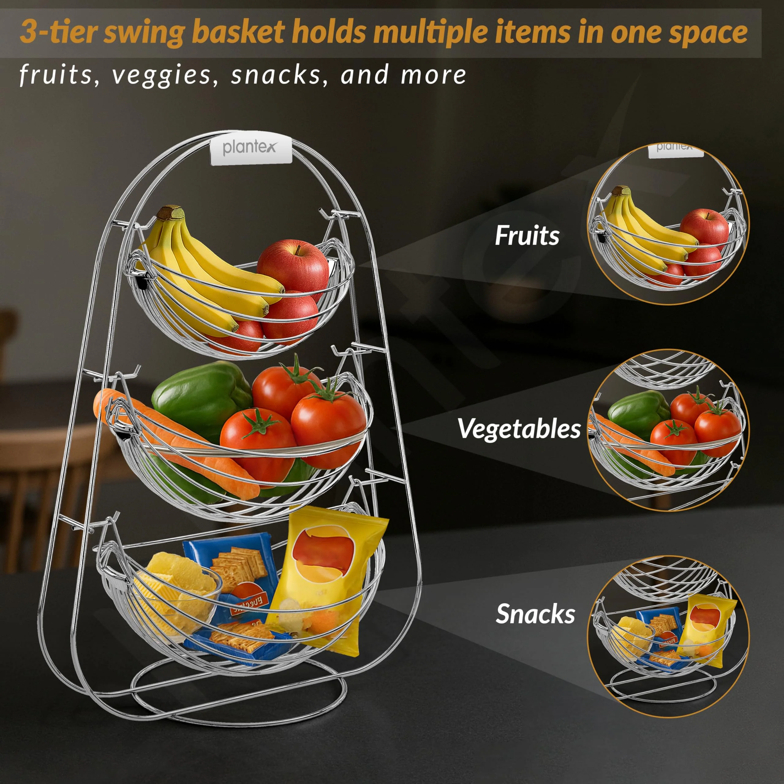 Plantex Stainless Steel 3 Step Swing Fruit and Vegetable Basket/Fruit Basket/Vegetable Basket for Kitchen and Dining Table - Image 5