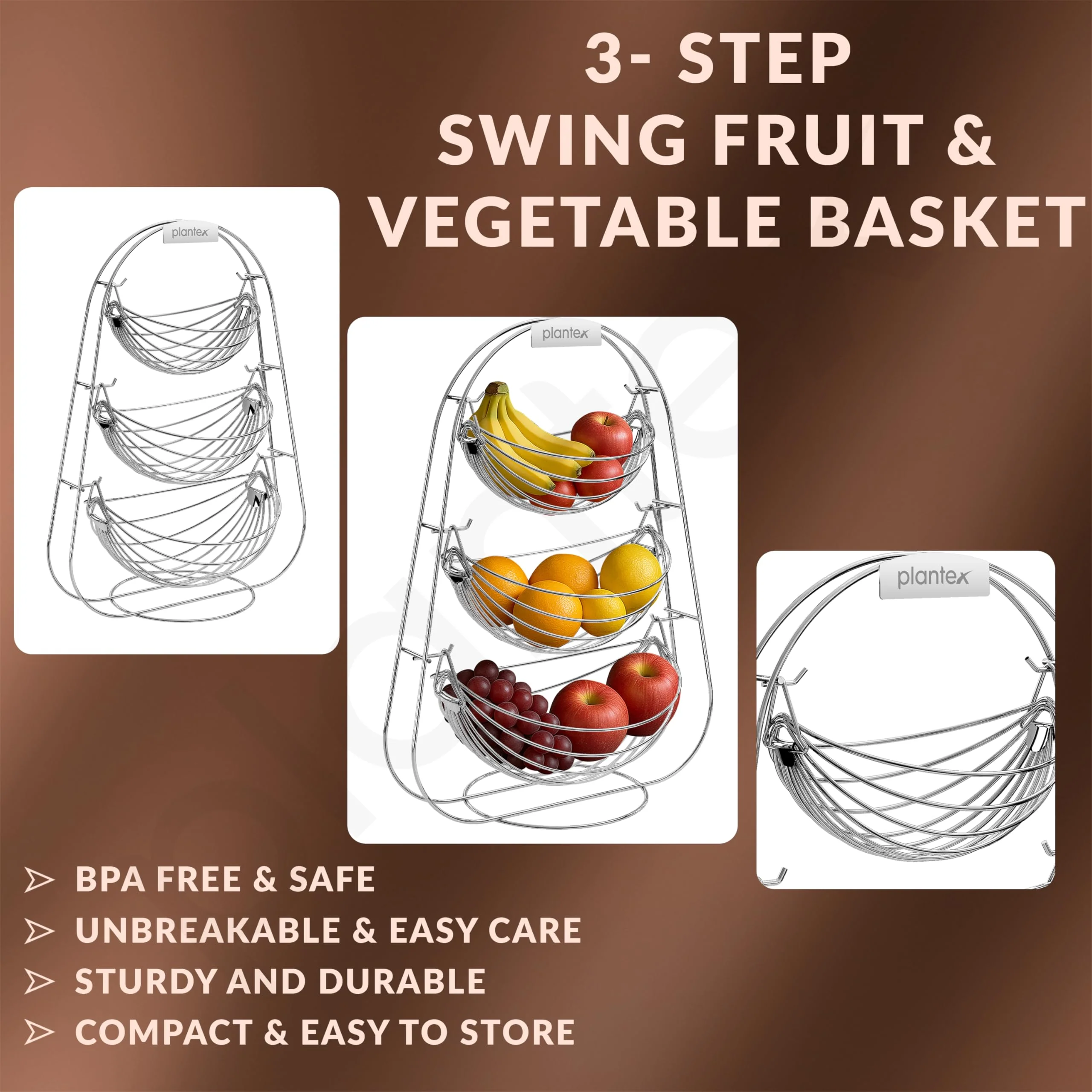 Plantex Stainless Steel 3 Step Swing Fruit and Vegetable Basket/Fruit Basket/Vegetable Basket for Kitchen and Dining Table - Image 6