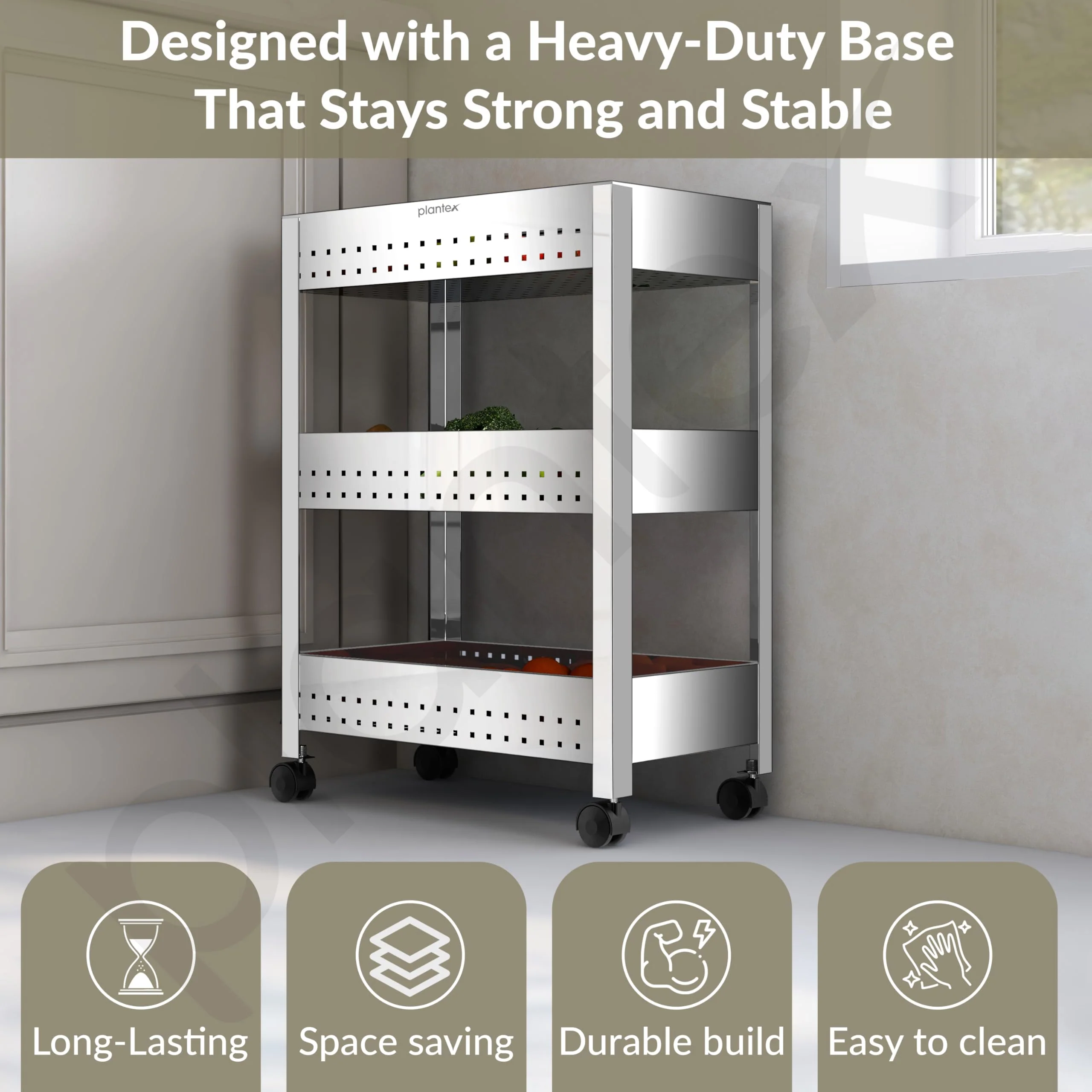 Plantex Stainless Steel 3-Tier Vegetable Storage Basket for Kitchen/Onion Garlic Stand-Trolley (Square Profile-Silver) - Image 3