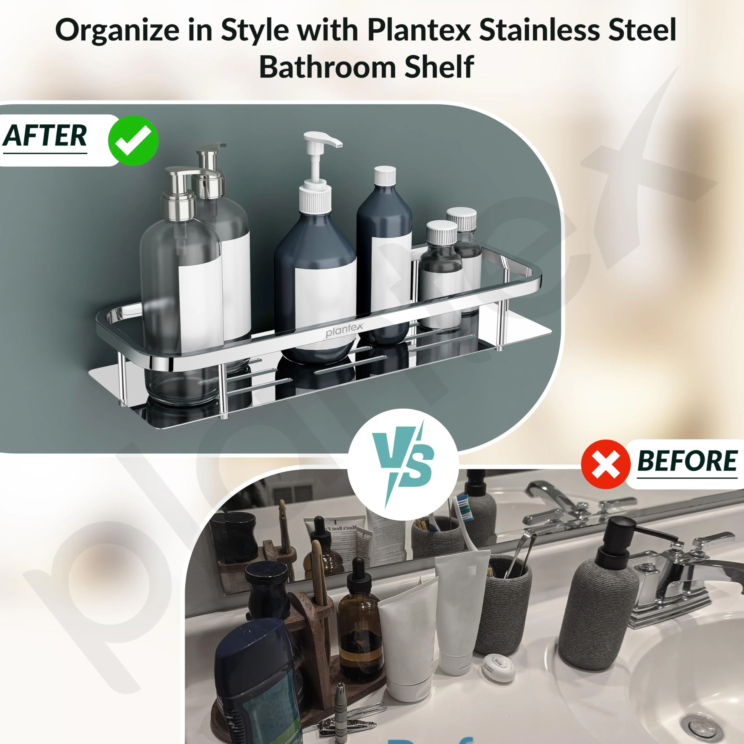 Plantex Stainless Steel 304 Bathroom Shelf for Wall/Bathroom Racks and Shelves/Bathroom Organizer & Accessories/Kitchen Rack/Kitchen Shelves- Pack of 2 (15X5 Inches-Chrome Finish) - Image 7