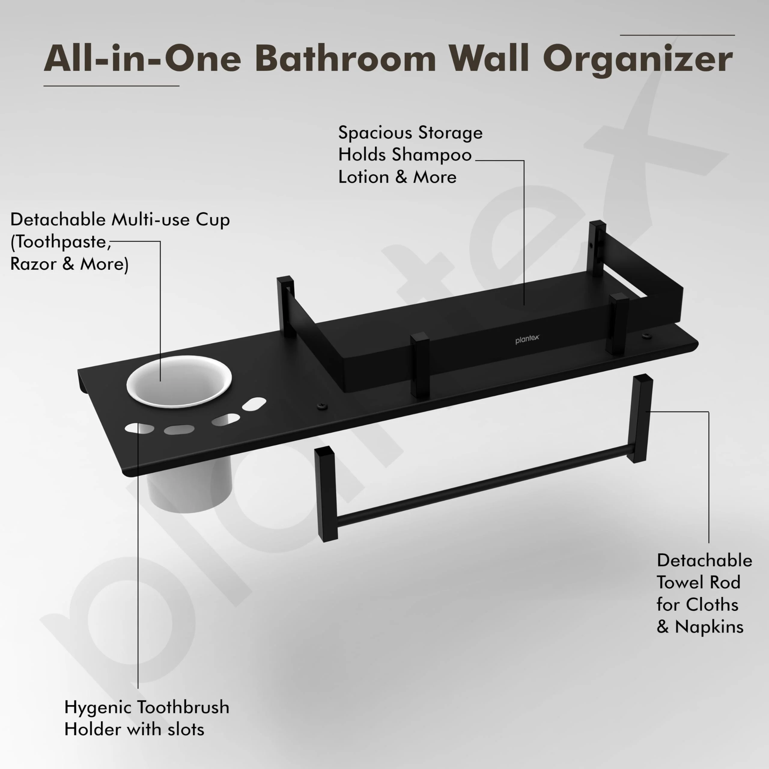 Plantex Stainless Steel 3in1 Multipurpose Bathroom Shelf/Rack/Towel Hanger/Tumbler Holder/Bathroom Accessories (15 x 6 Inches-Matt Black) - Image 2