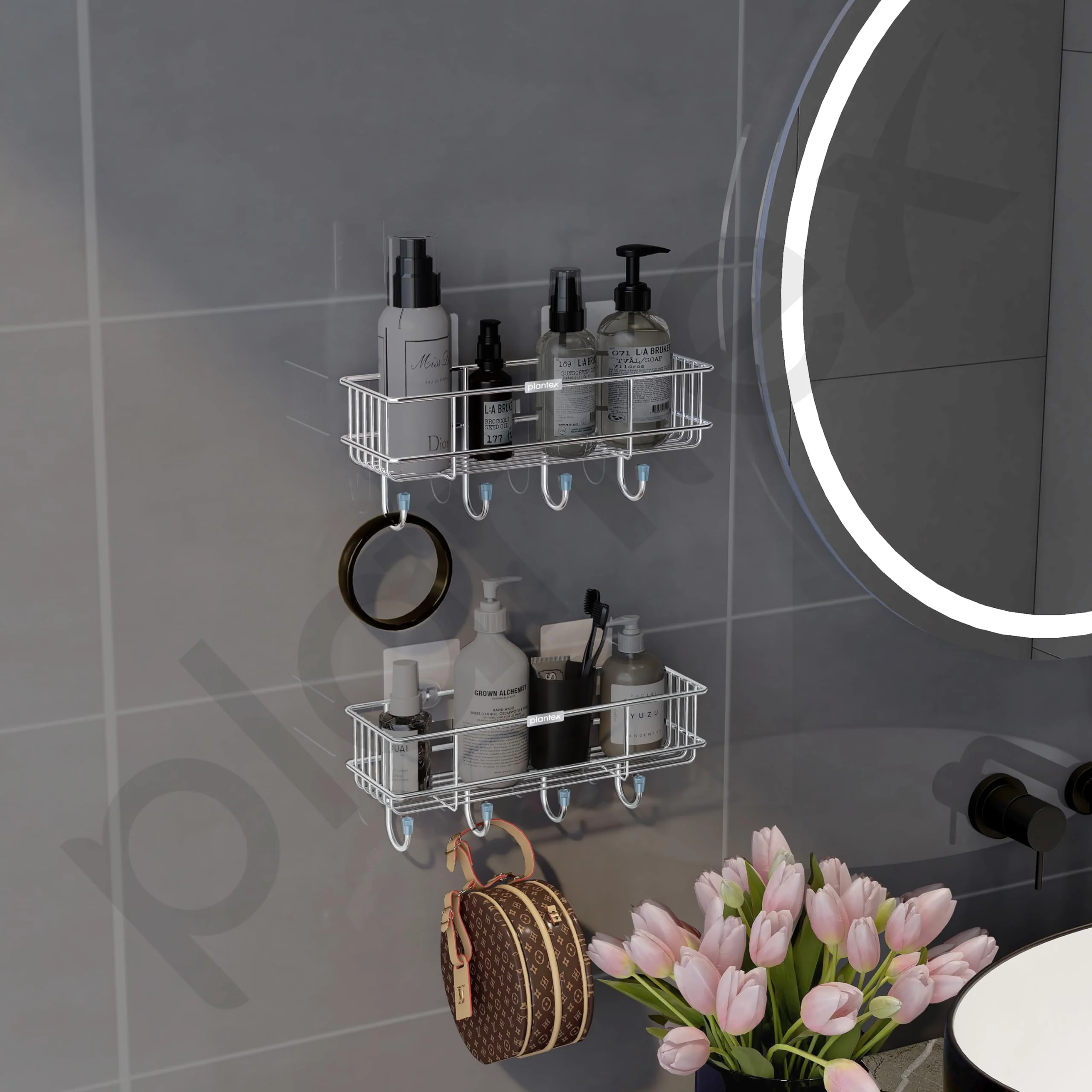 Plantex Stainless Steel Bathroom Organiser Without Drill/Multipurpose Shelf with Hooks/Drill Free Shampoo Holder for Bathroom - Wall Mount - Pack of 2 (Chrome) - Image 2