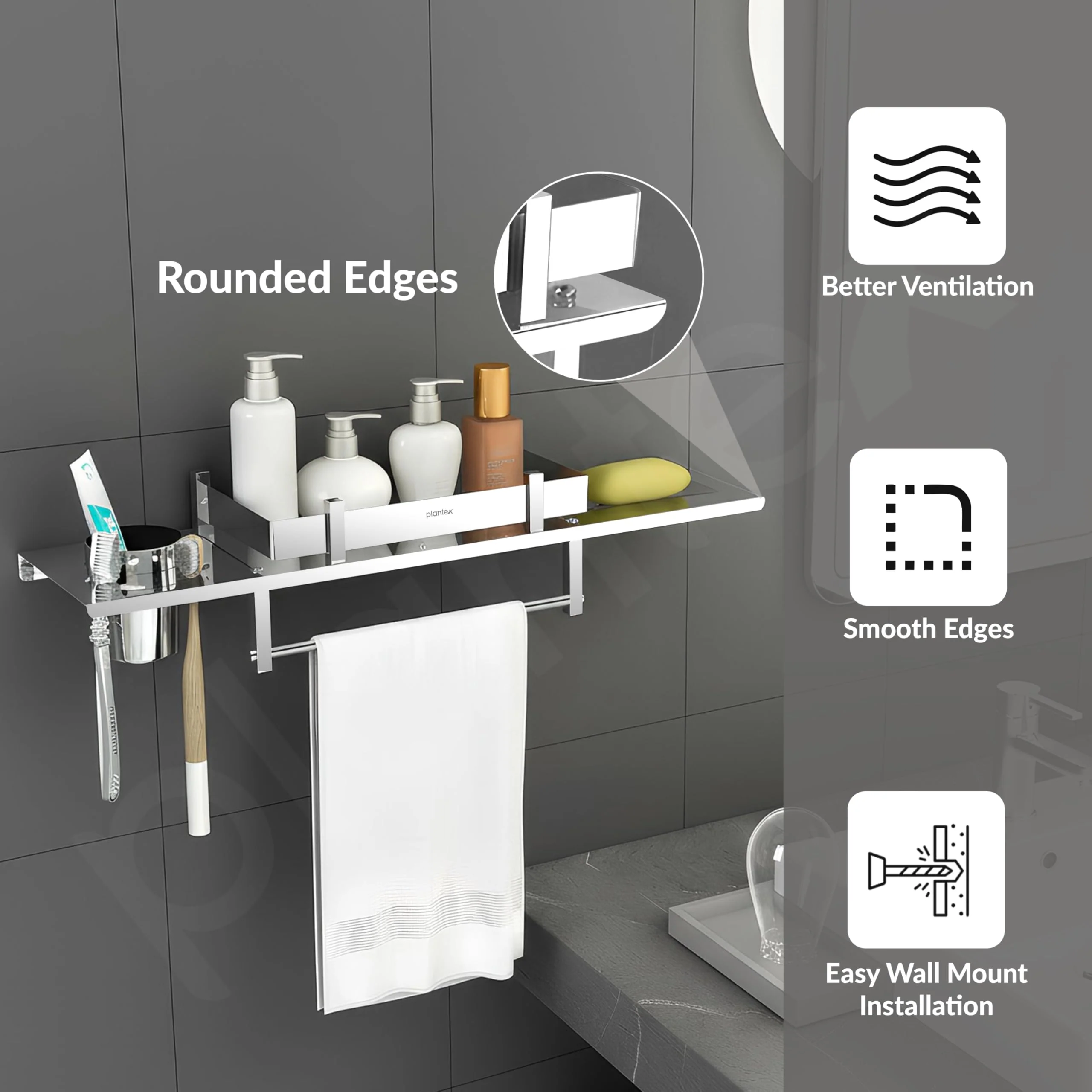 Plantex Stainless Steel Bathroom Shelf/4in1 Multipurpose Shelf for Bathroom/Towel Hanger/Tumbler Holder/Soap Dish/Stand/Bathroom Accessories Set (18 x 5 Inches) - Pack of 1 - Image 5