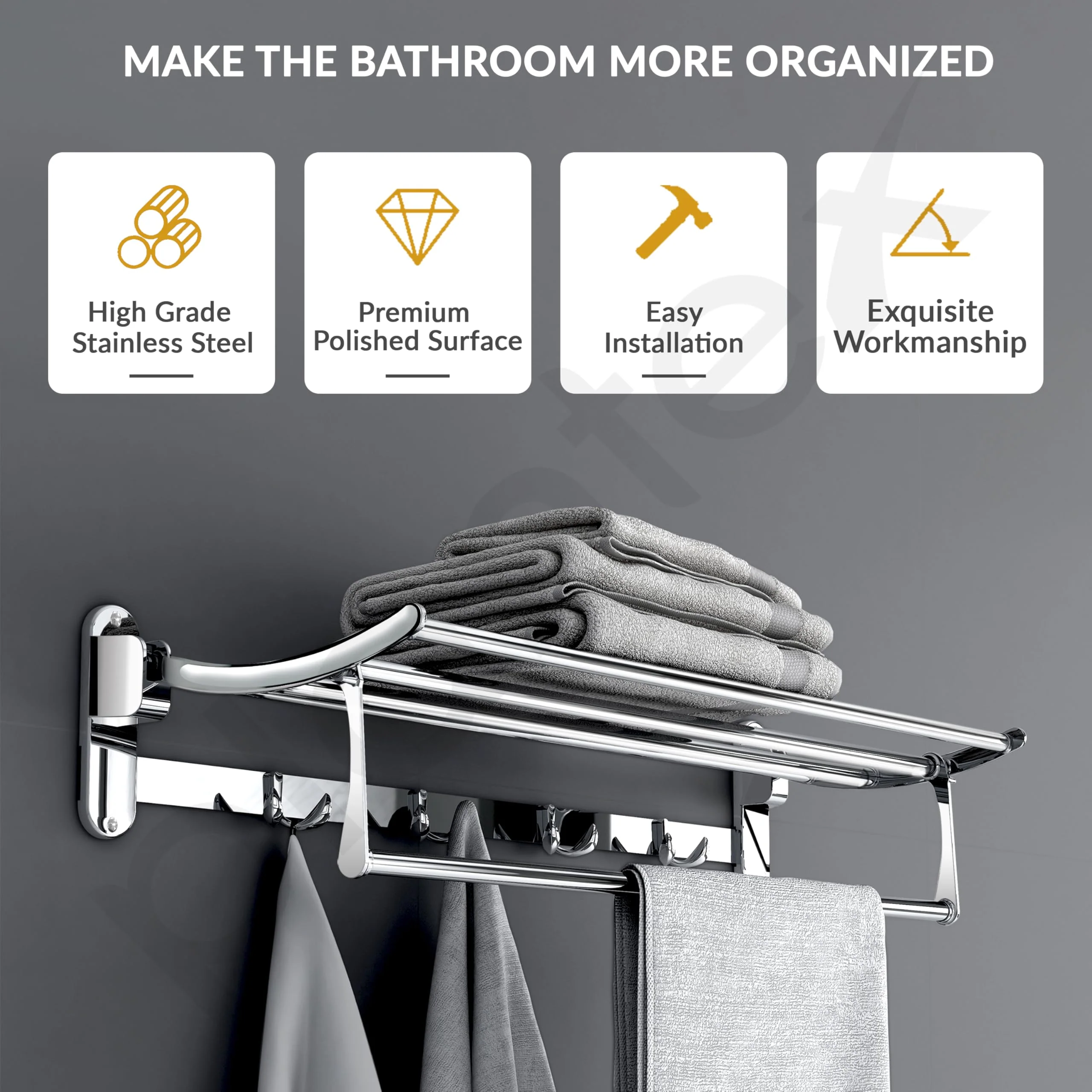 Plantex Stainless Steel Folding Towel Rack for Bathroom/Towel Stand/Hanger/Bathroom Accessories - Pack of 10 (24 Inch-Chrome) - Image 4