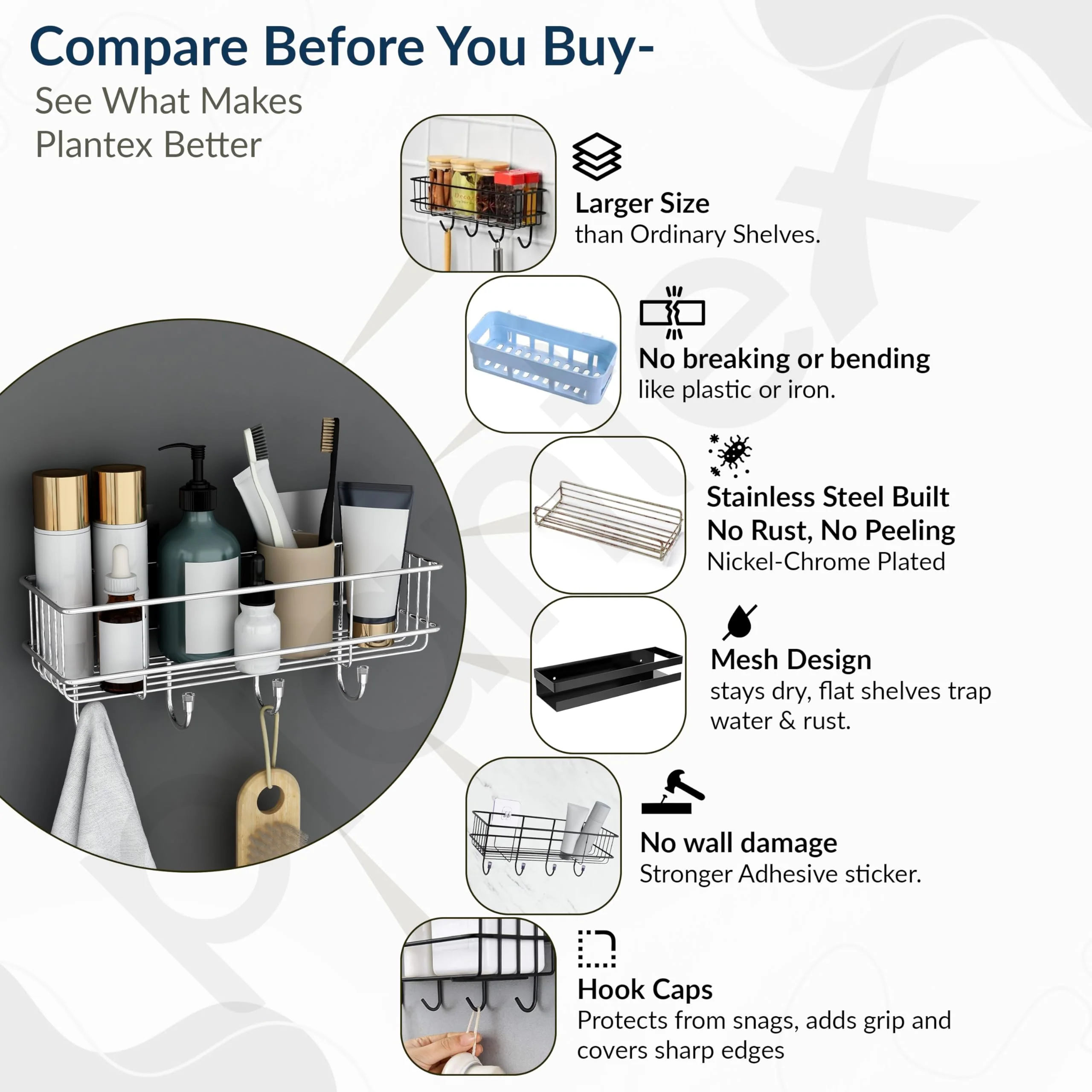 Plantex Stainless Steel Self Adhesive Bathroom Shelf/No Drill Bathroom Organizer with Hooks/Washroom Shelf- Pack of 1(Chrome) - Image 6