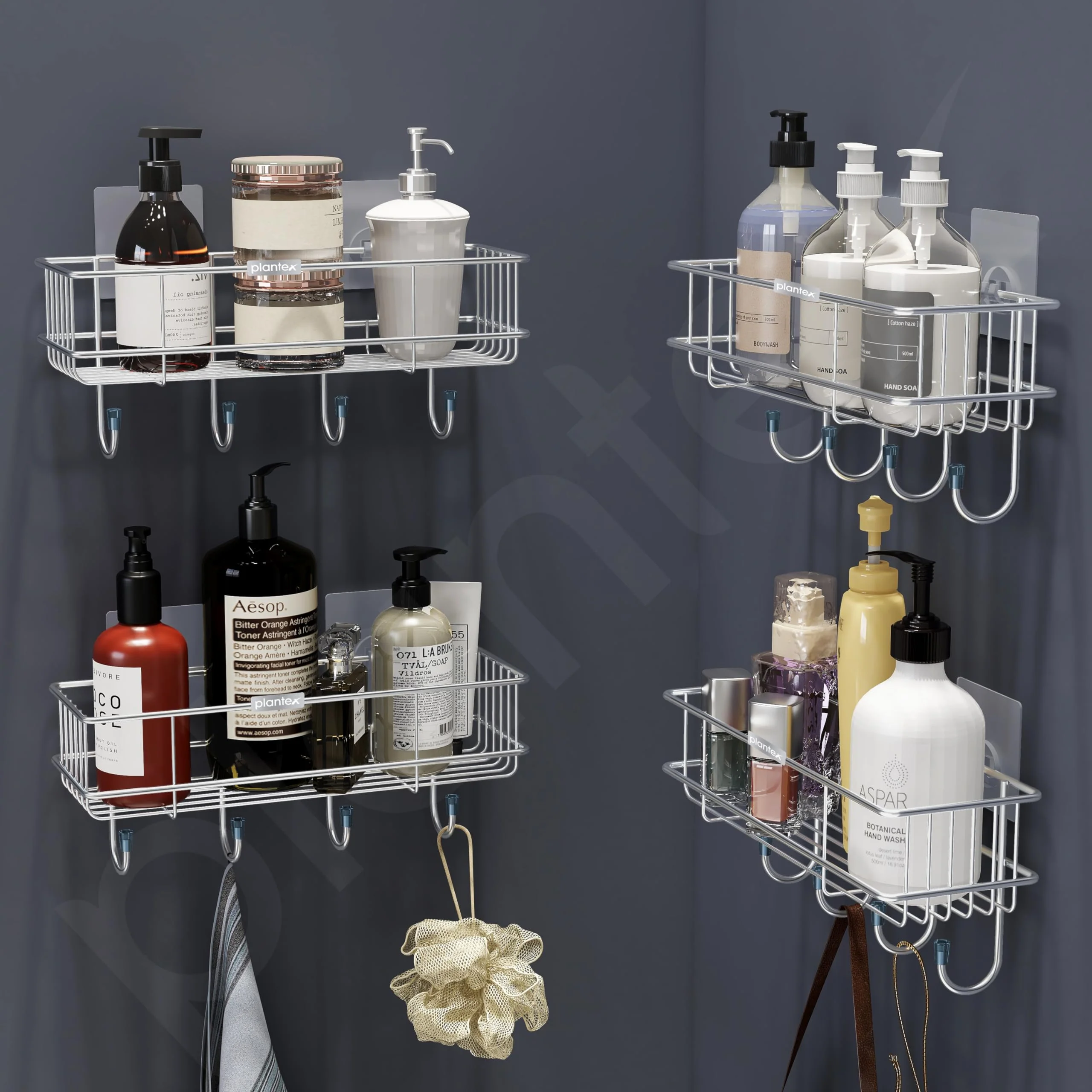 Plantex Stainless Steel Self-Adhesive Multipurpose Bathroom Shelf with Hooks/Towel Holder/Rack/Bathroom Accessories-Wall Mount - Pack of 4 (Chrome) - Image 7