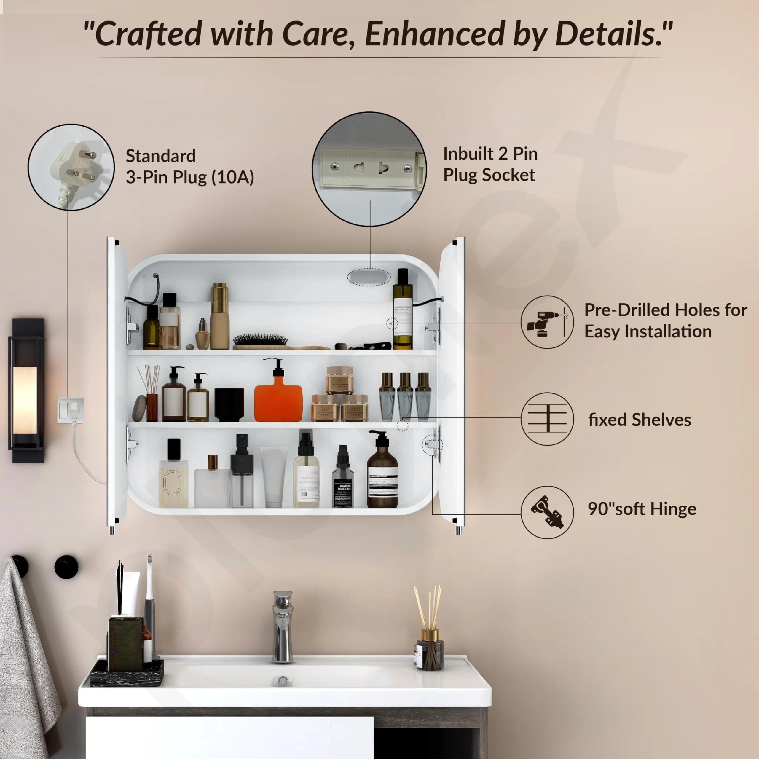 Plantex Steel LED Bathroom Mirror Cabinet/Bathroom Box/Double Door Round Corner Mirror with Storage (28x23 Inch-White) - Image 7